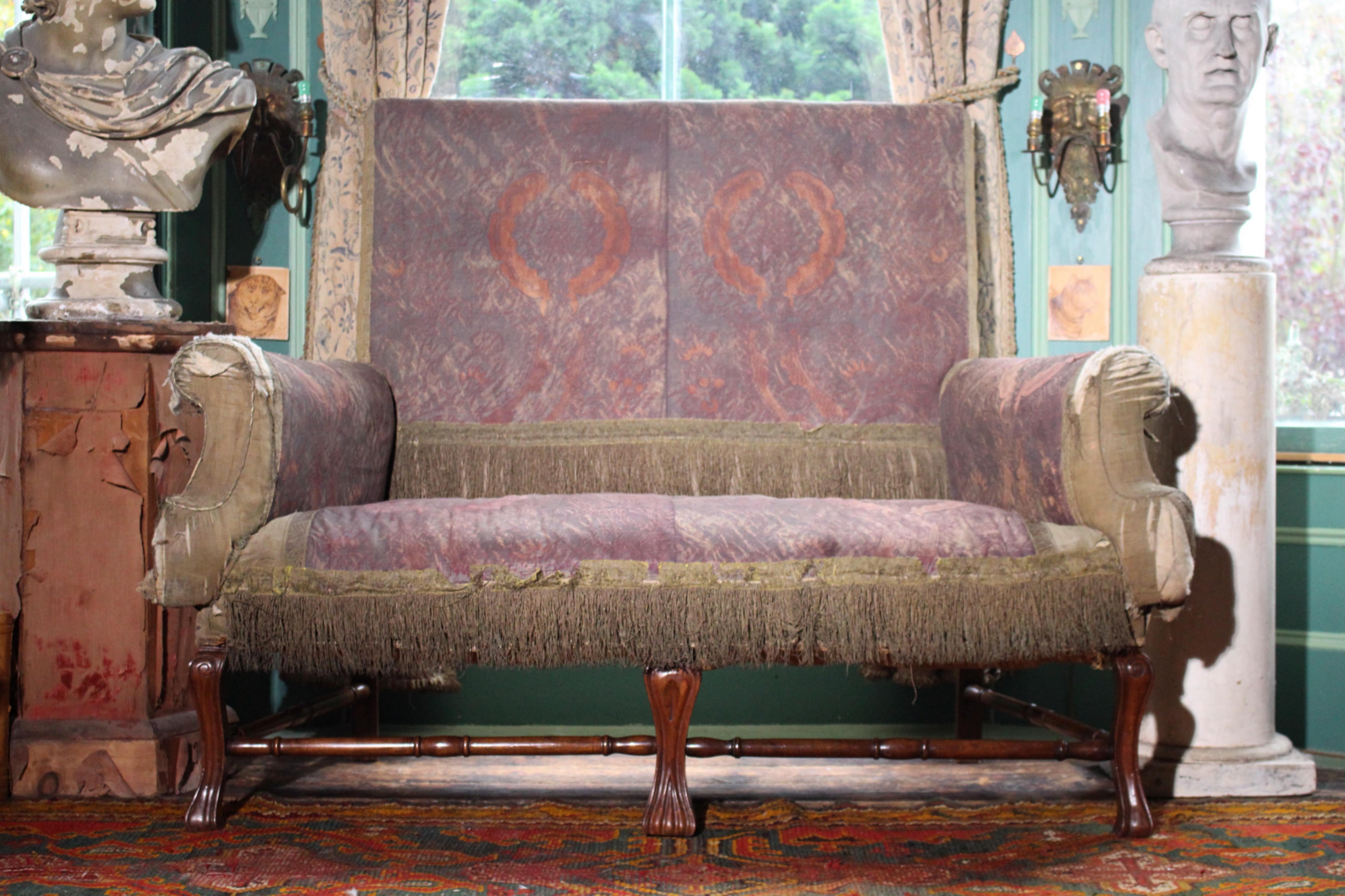 Mid 19th Century Queen Anne Revival High Back Lovers Settee Batik Resist For Sale 8
