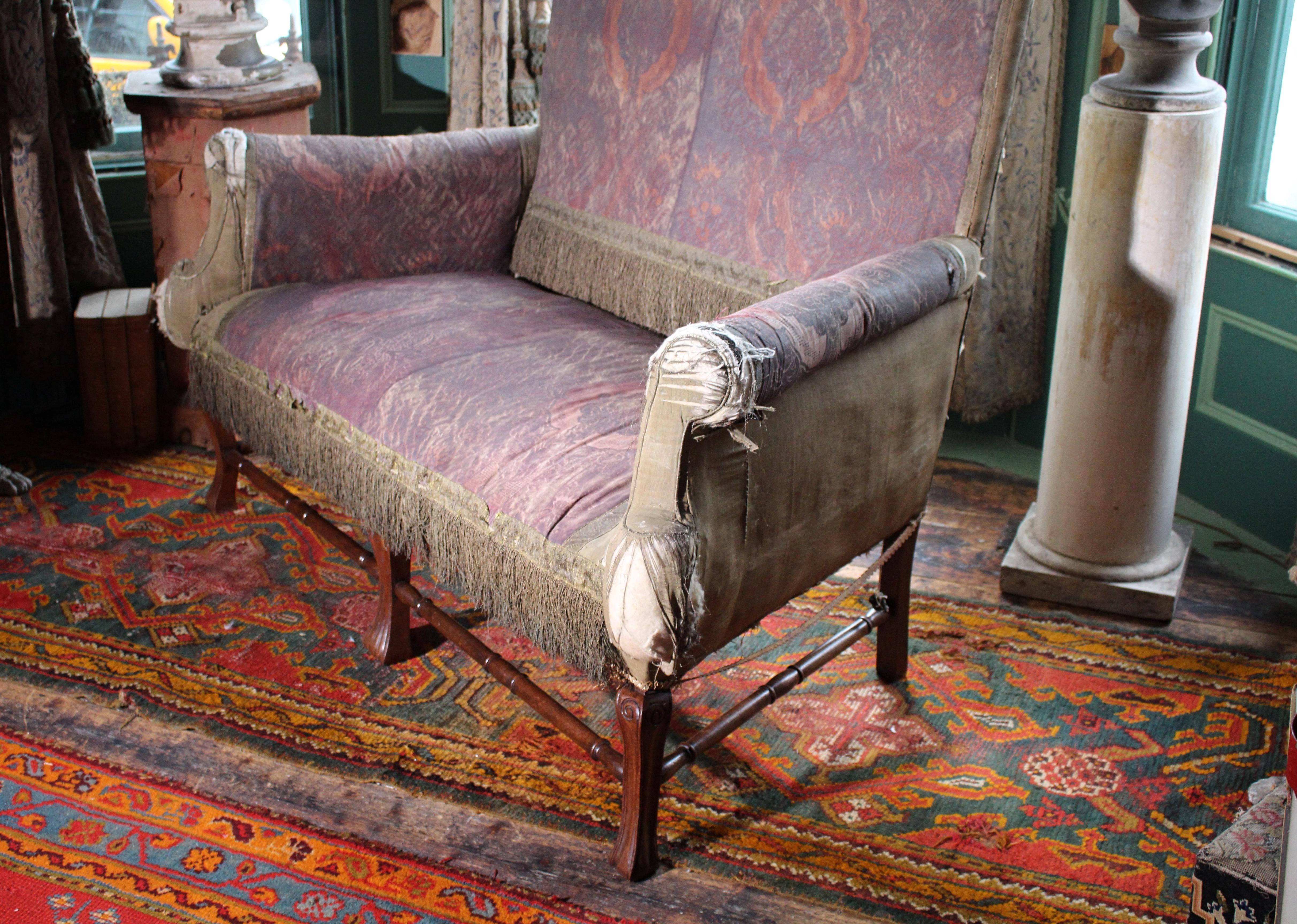 Mid 19th Century Queen Anne Revival High Back Lovers Settee Batik Resist For Sale 9
