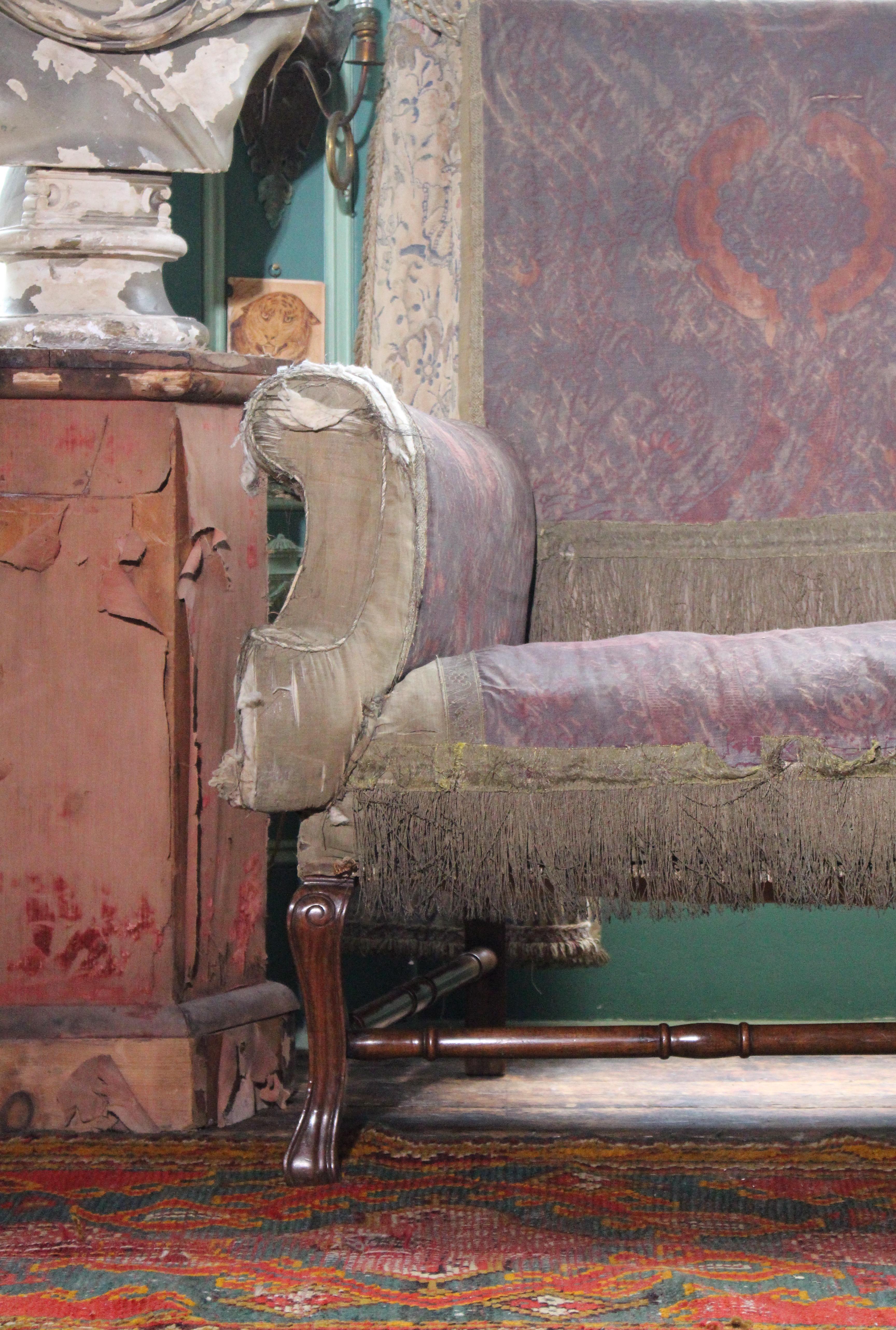 European Mid 19th Century Queen Anne Revival High Back Lovers Settee Batik Resist For Sale