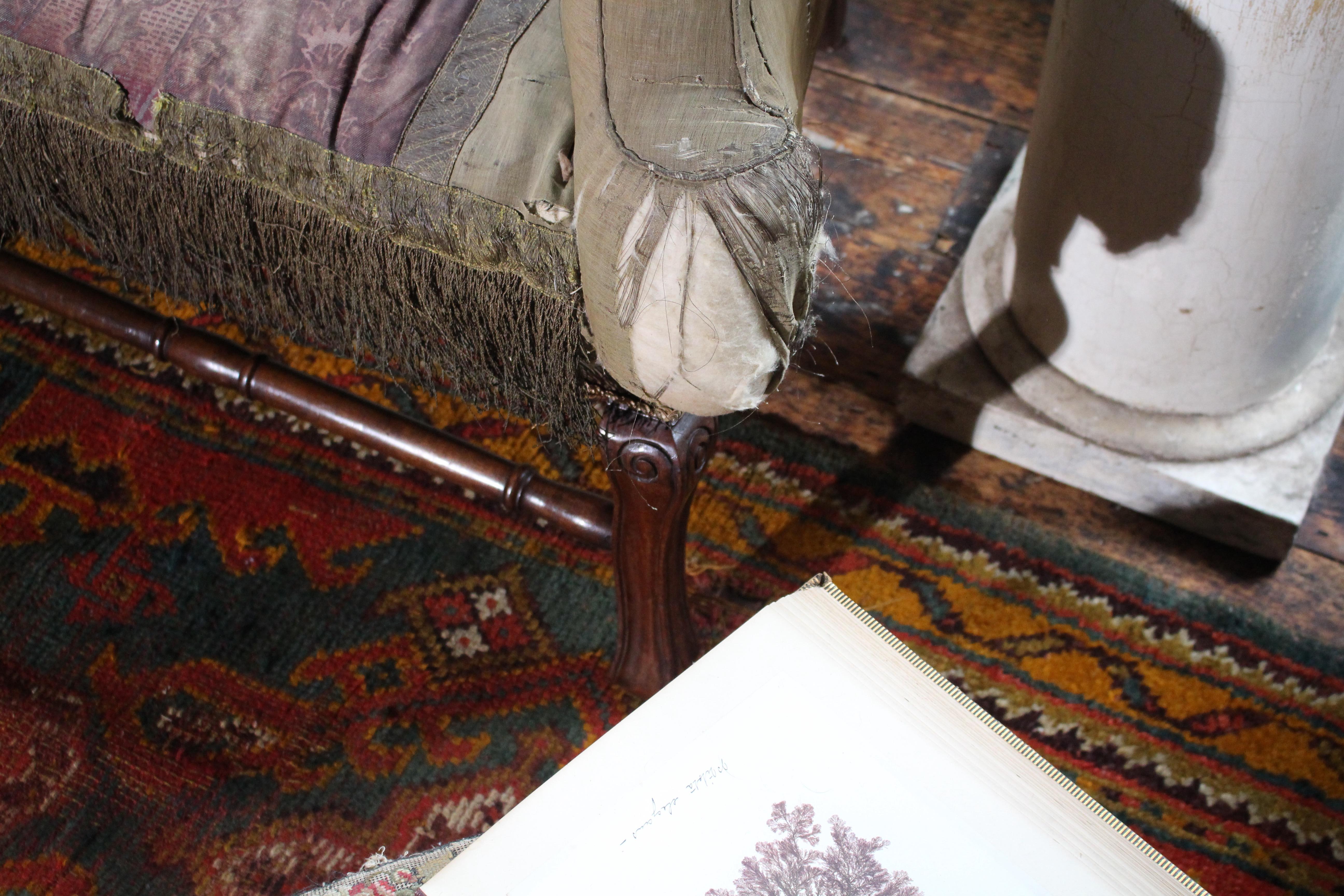 Fabric Mid 19th Century Queen Anne Revival High Back Lovers Settee Batik Resist For Sale
