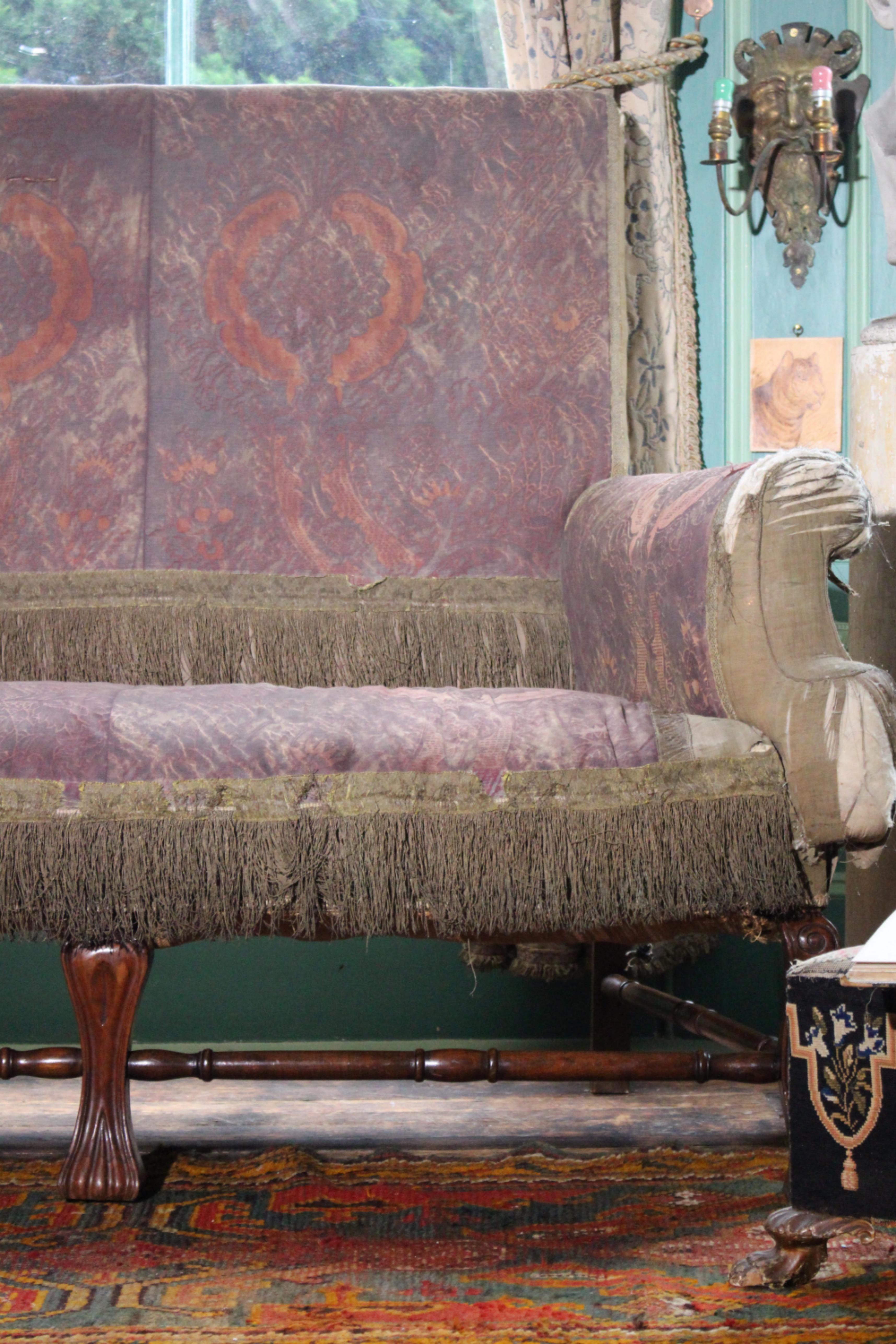 Mid 19th Century Queen Anne Revival High Back Lovers Settee Batik Resist For Sale 4