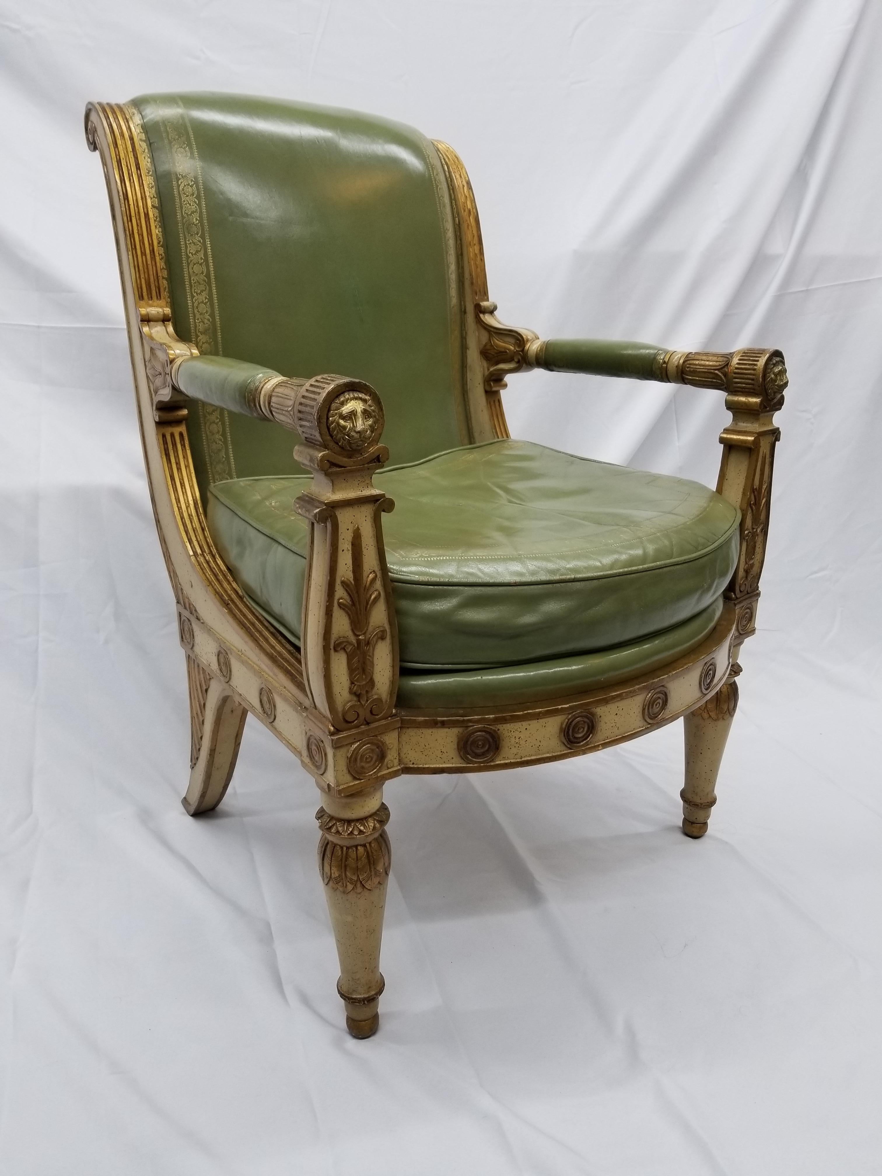 An extremely rare and beautiful set of royal throne-armchairs, perfect for the estate dining room (this set itself was originally owned by the owners of Seagram beverages). Each chair is crafted carefully, from wood and leather, and embossed with