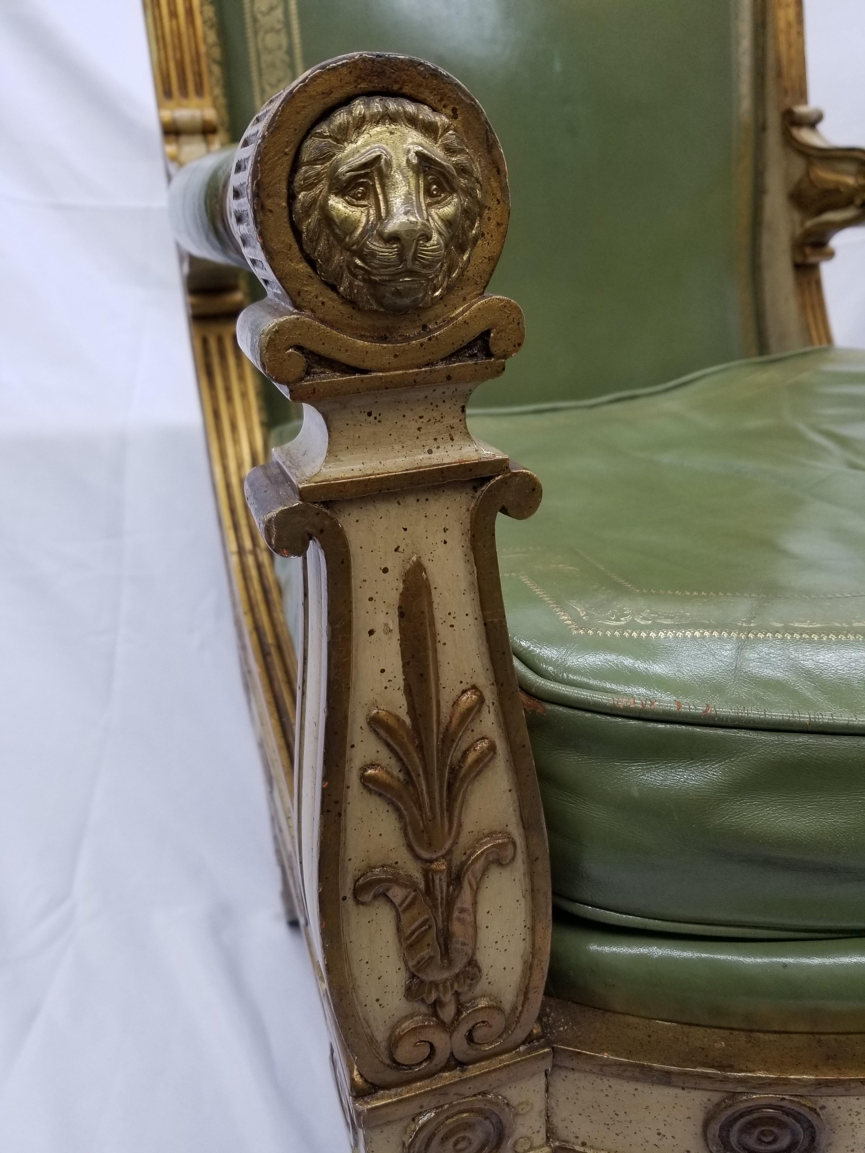 Mid 19th Century Queen Anne Royal Throne Gilt & Leather Set of 12 Armchairs In Fair Condition For Sale In Lakewood, NJ