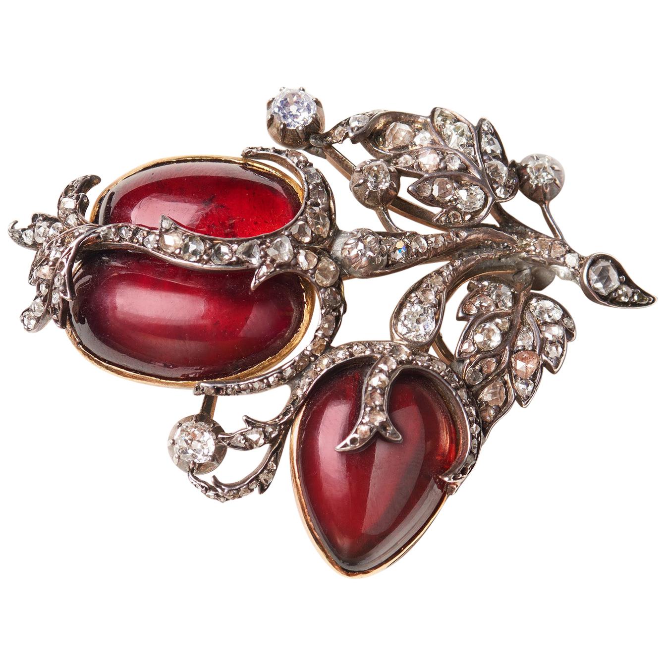 Mid 19th Century Red Cabochon Garnet White Old Cut Diamond Brooch Gold Silver For Sale