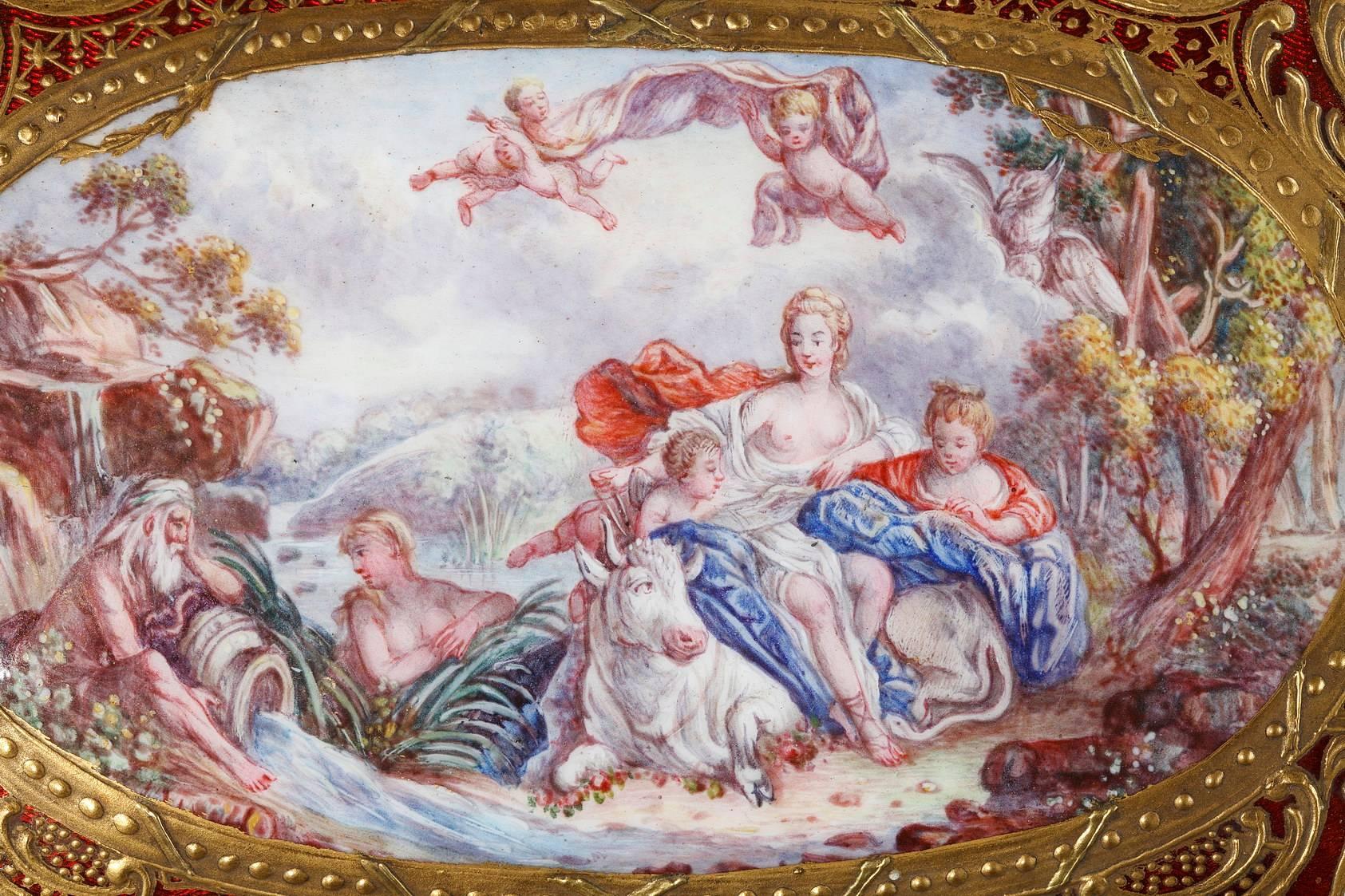 French Mid-19th Century Red Enameled Keepsake Box with Mythological Scene