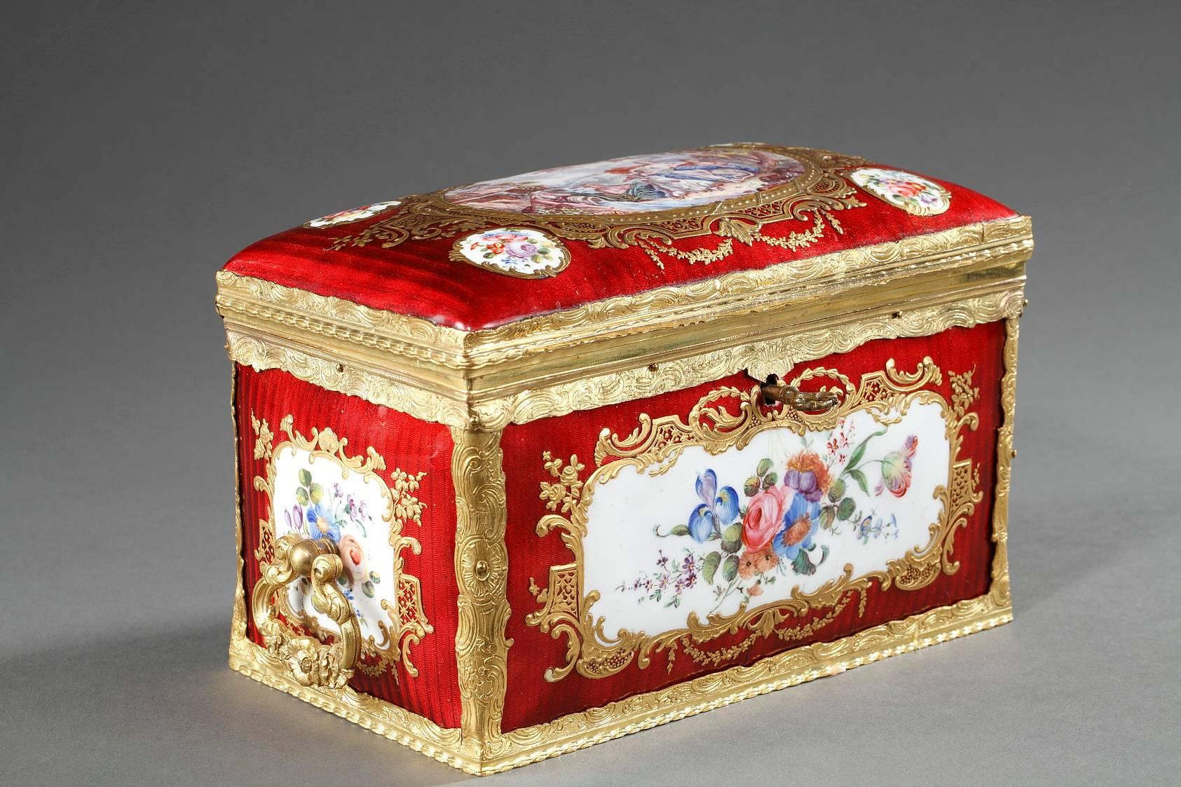 Gilt Mid-19th Century Red Enameled Keepsake Box with Mythological Scene