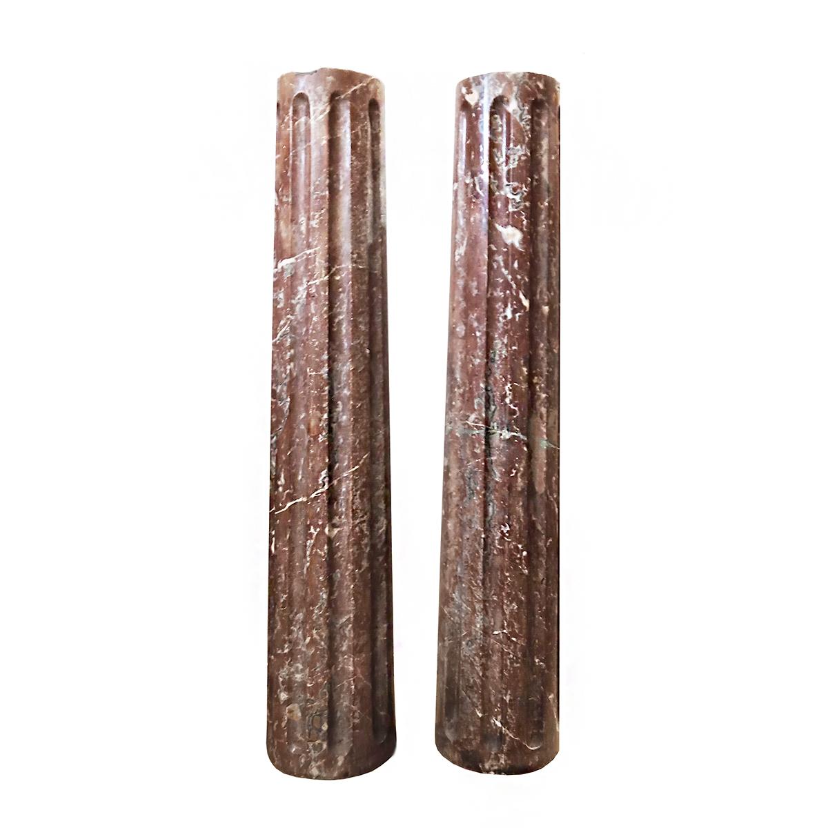 Two fluted columns, hand carved in red marble, circa 1850.
Measures: 28.5 inches high.
Ideal as pedestals, console legs, or as a decorative architectural element. Priced and sold separately.