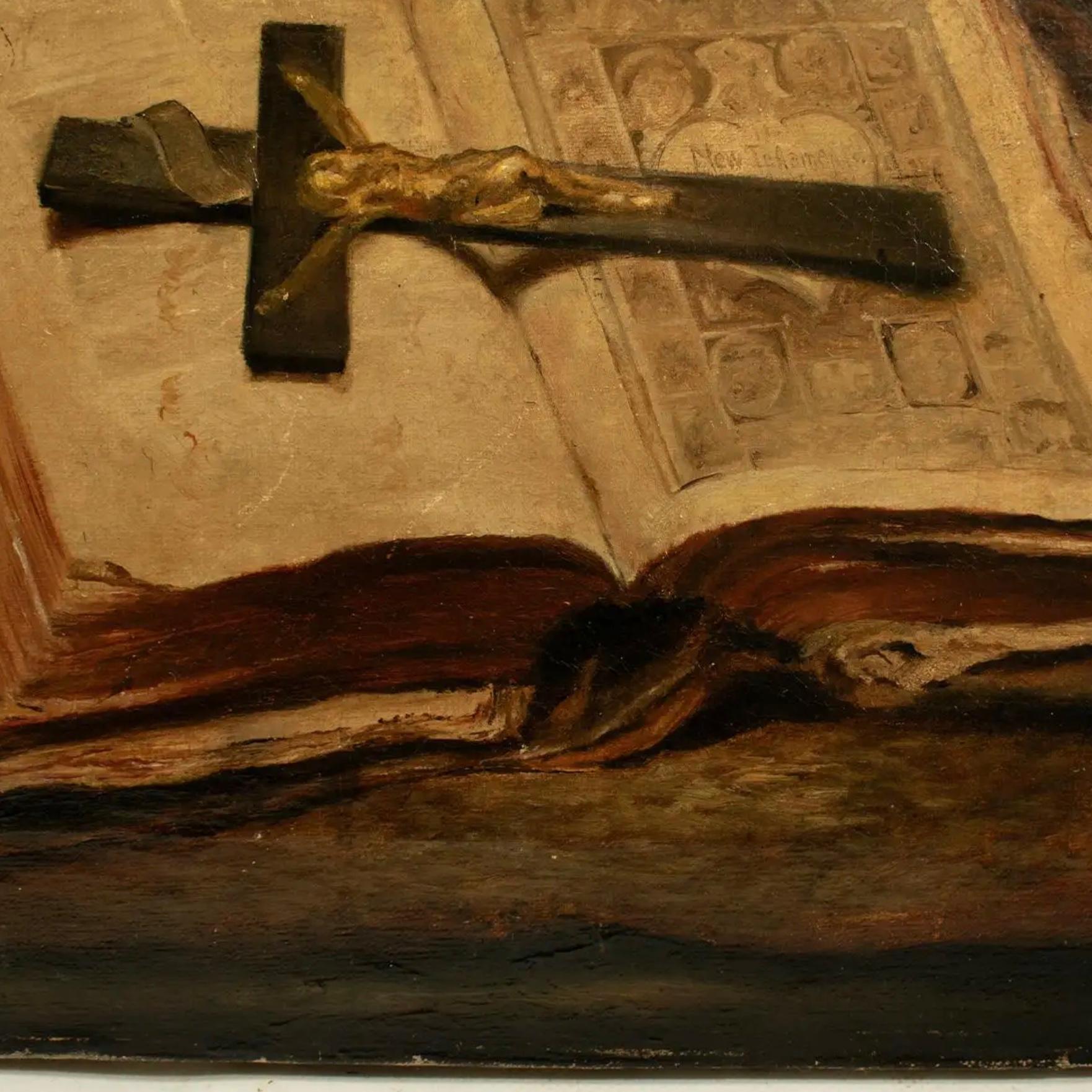 Français Nature morte religieuse du milieu du 19e siècle Huile sur toile. en vente