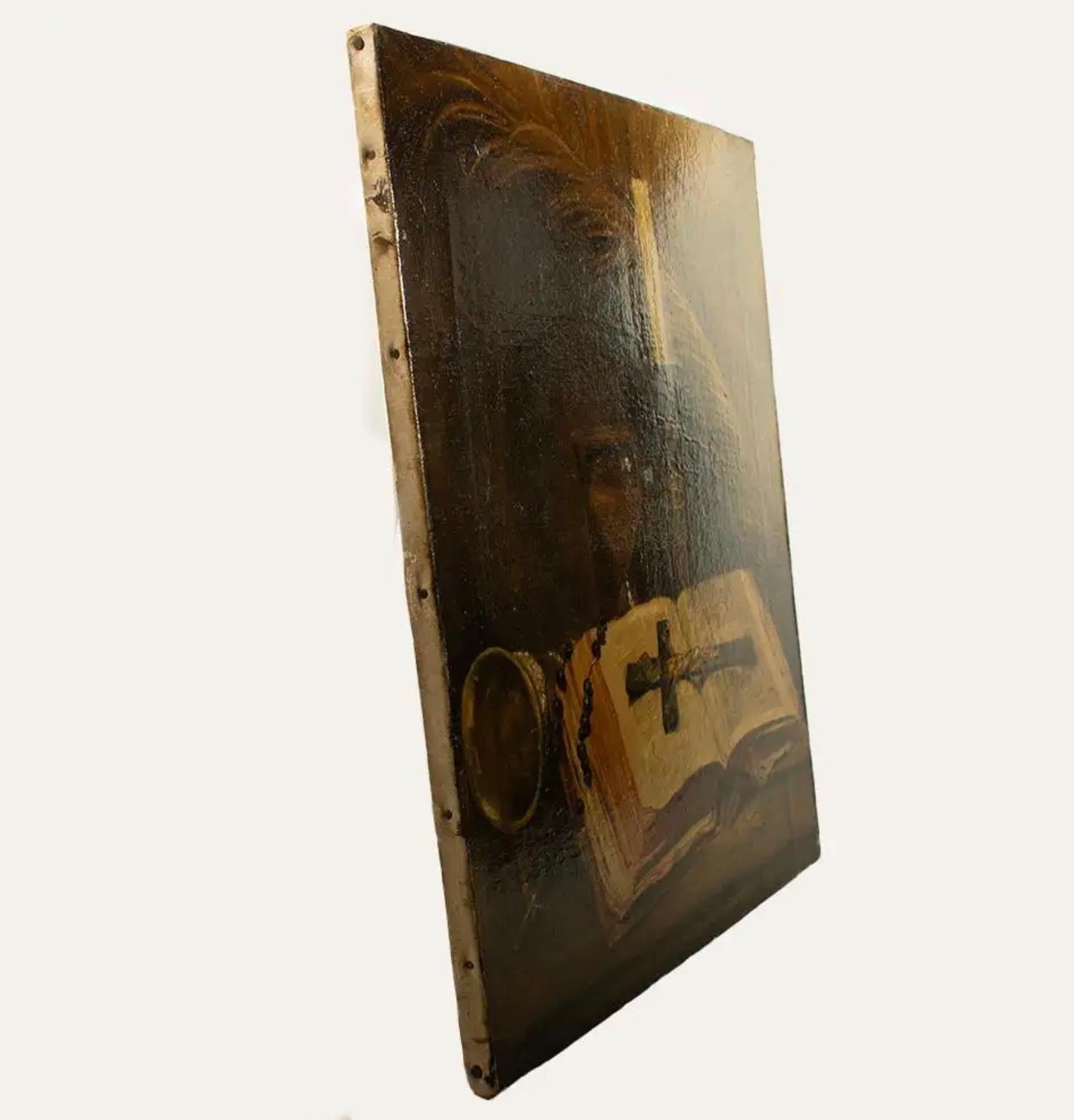 Nature morte religieuse du milieu du 19e siècle Huile sur toile. Bon état - En vente à TEYJAT, FR