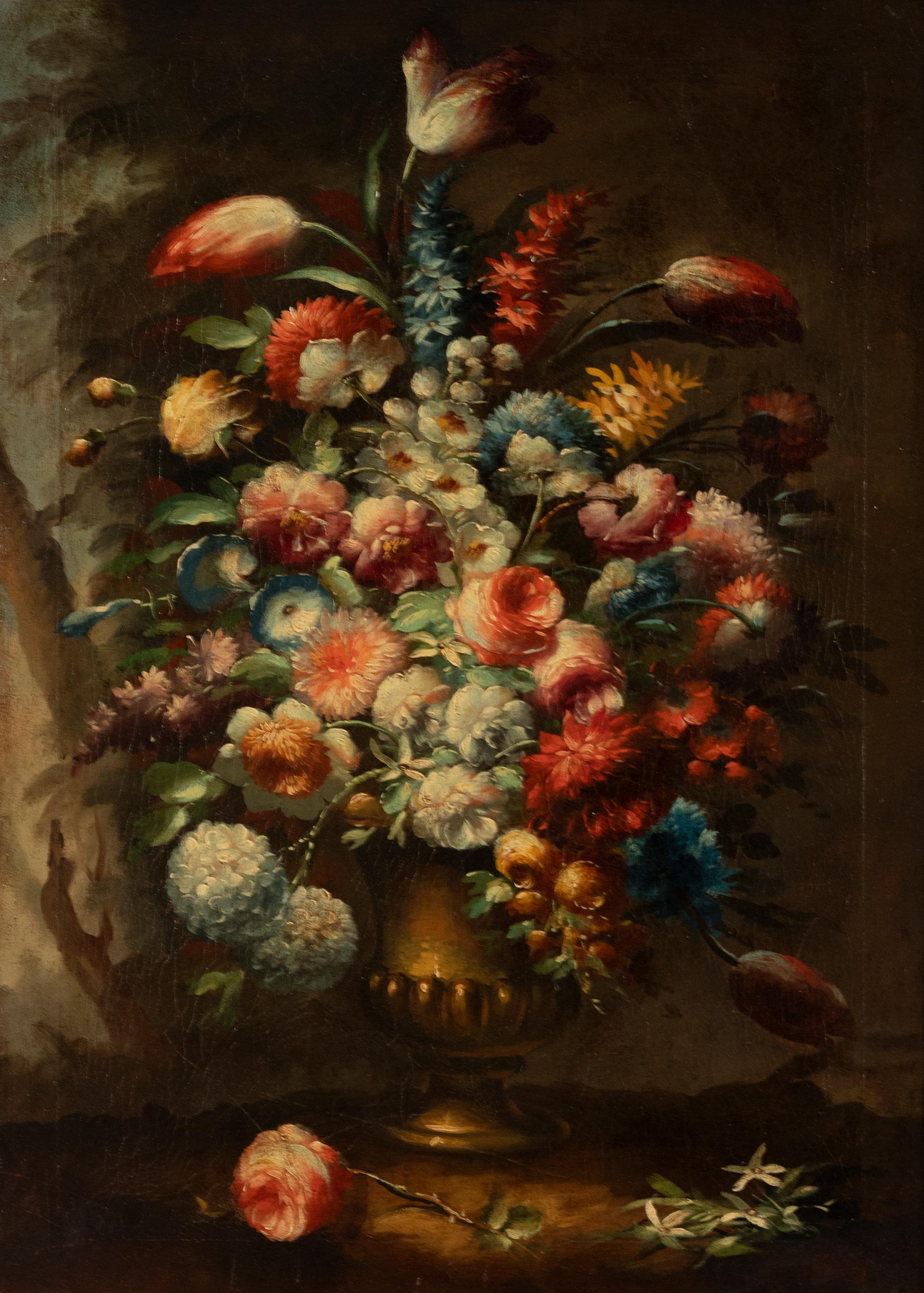 Beautiful oil painting from the mid-19th century. This beautiful Renaissance style flower still life has beautiful details. Countless flower types are depicted in this painting, showing the artist his knowledge and skills. It has no signature.