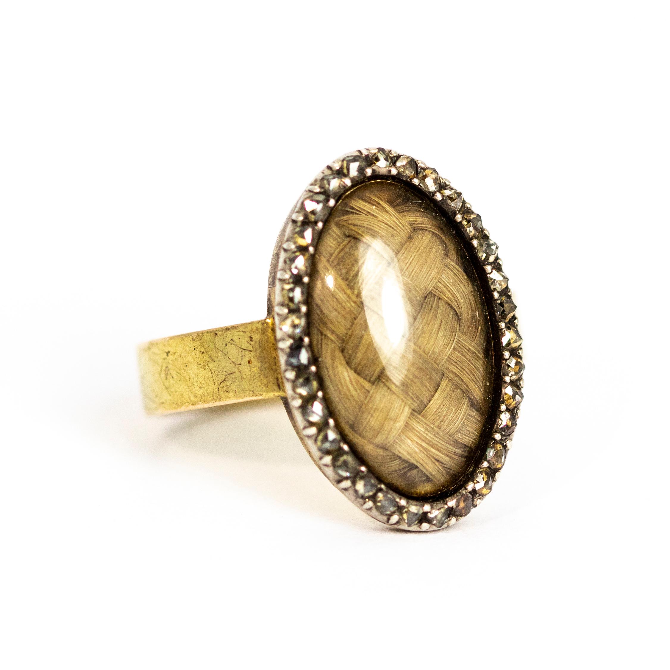 Mid-19th Century Rose Cut Diamond and Hair 15 Carat Gold Ring 1