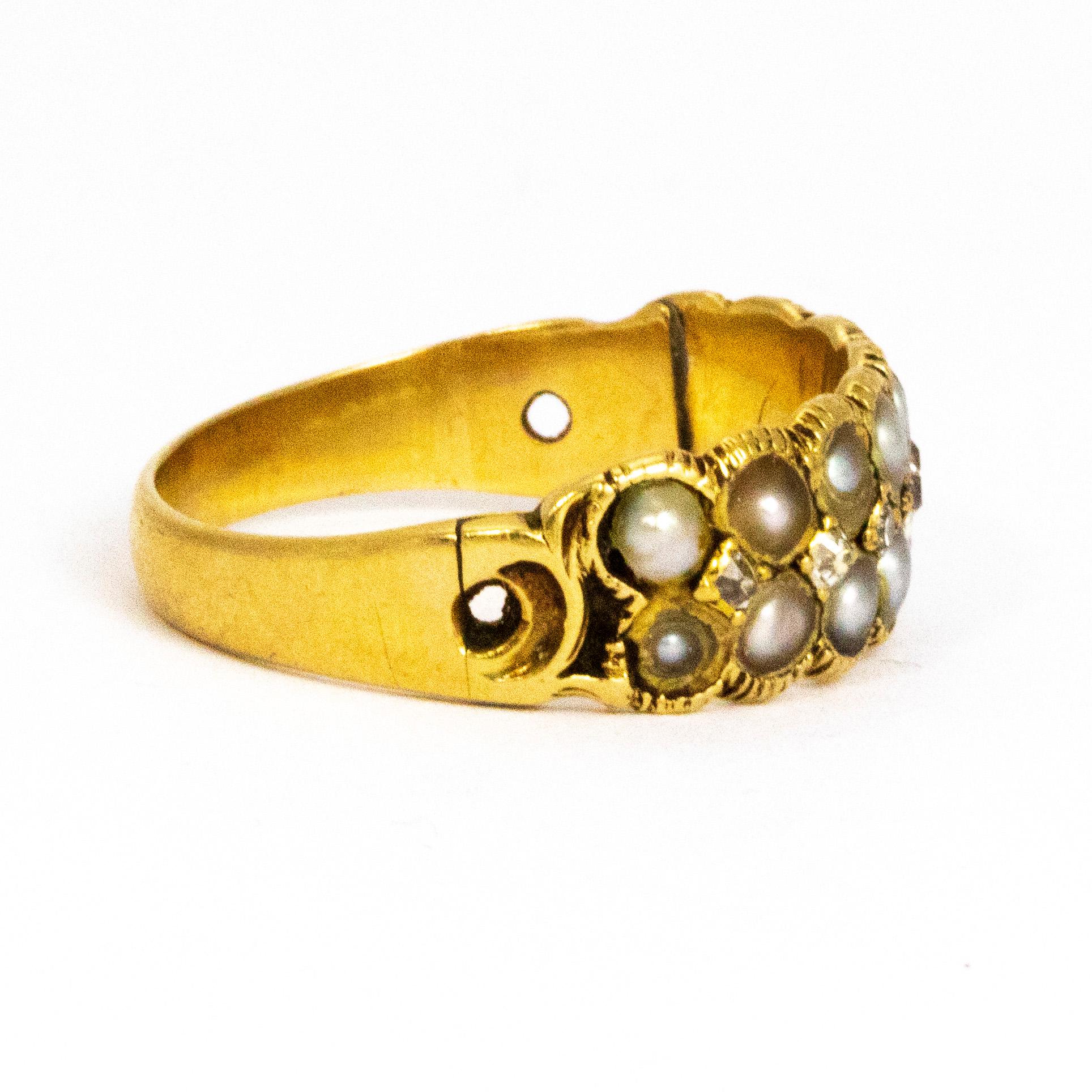 Mid-19th Century Rose Cut Diamond and Pearl 18 Carat Gold Ring In Good Condition In Chipping Campden, GB