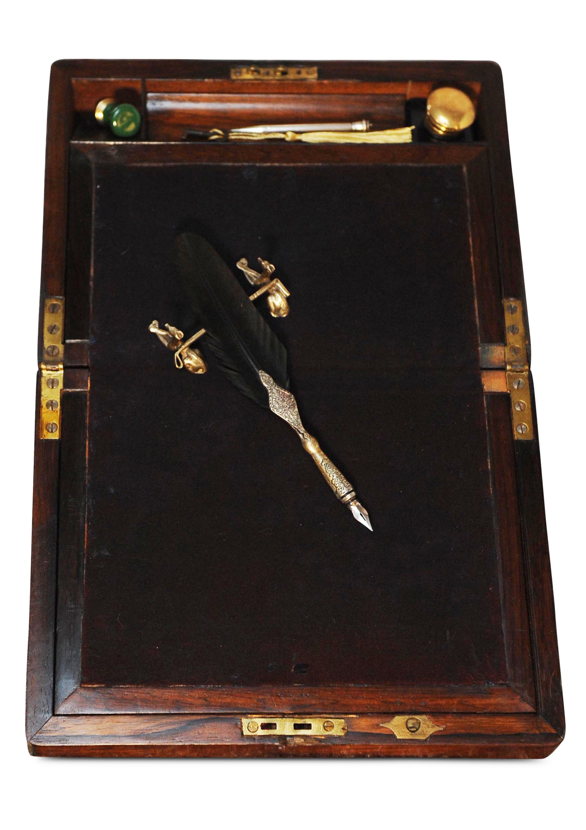 Hand-Crafted Mid 19th Century Rosewood Brass Bound Hand Crafted Exquisite Writing Slope