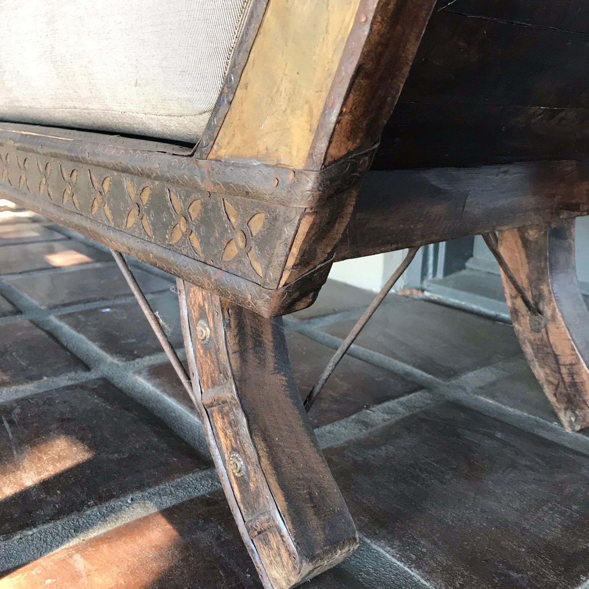 Mid-19th Century Rustic Moroccan Sofa with Metal Details In Distressed Condition In Los Angeles, CA