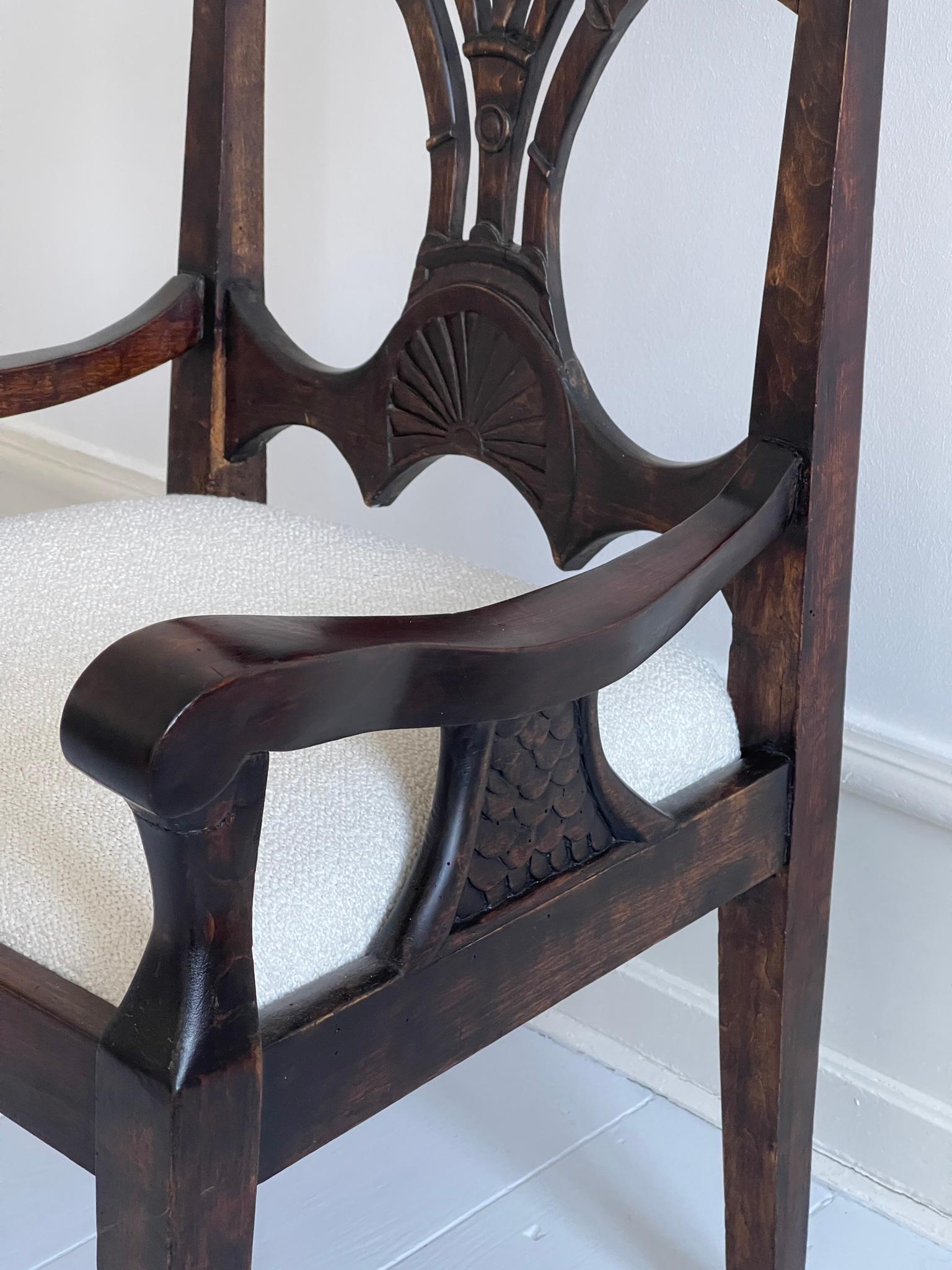 Art Nouveau Mid-19th Century Scandinavian Armchair in Stained Oak, reupholstered in Bouclé. For Sale