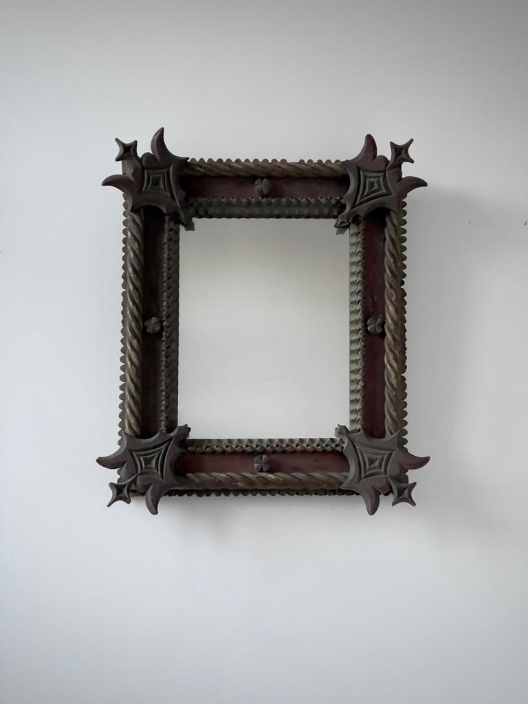 Hand-Carved Mid-19th Century Scandinavian hand crafted mirror in Gothic style in hard wood. For Sale