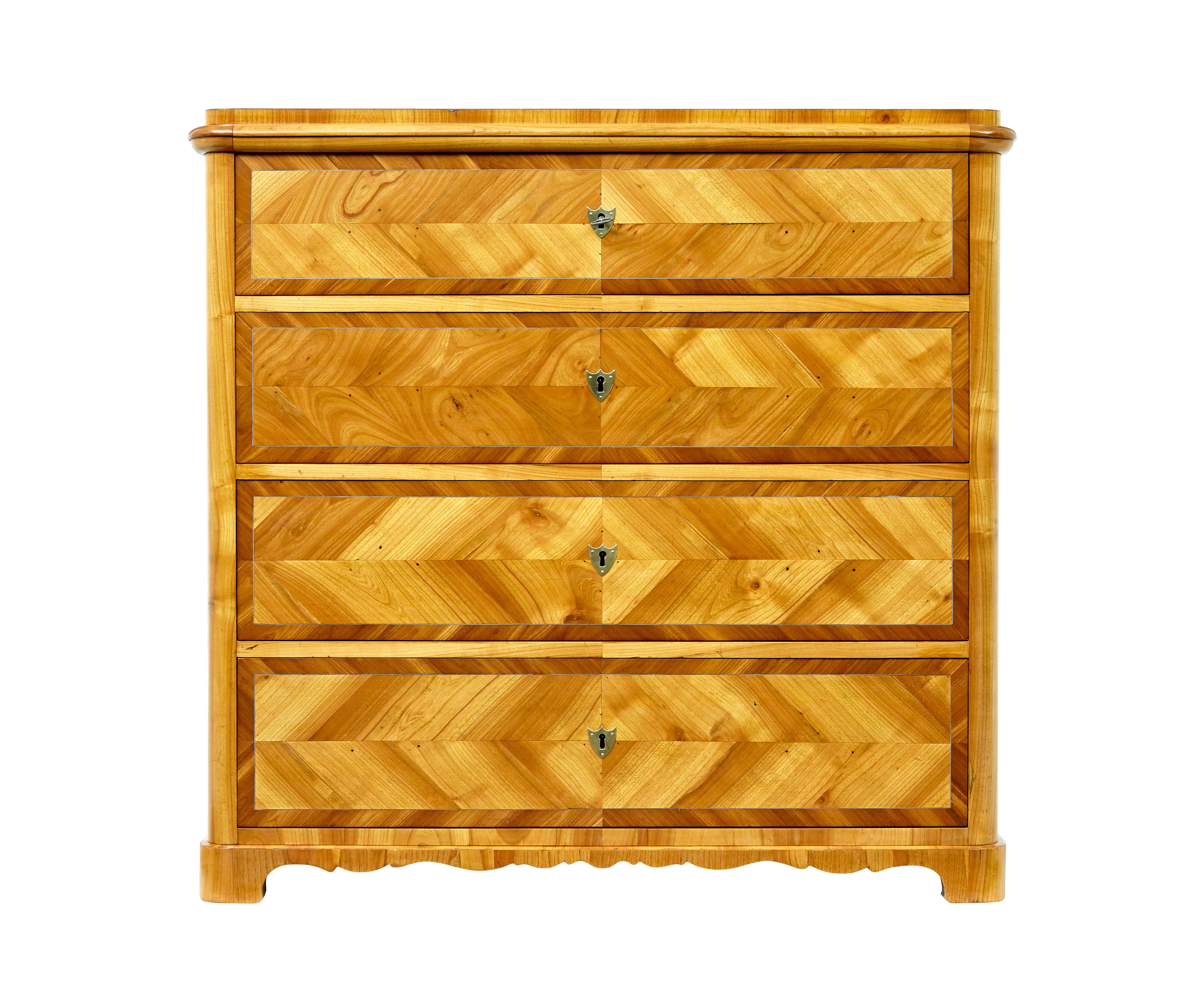 Mid 19th century Scandinavian inlaid elm chest of drawers circa 1868.

We are pleased to offer this stunning chest of drawers from Sweden.

Beautifully made in elm with cross-banded edges and pewter inlay to the drawer fronts and top surface.  Top