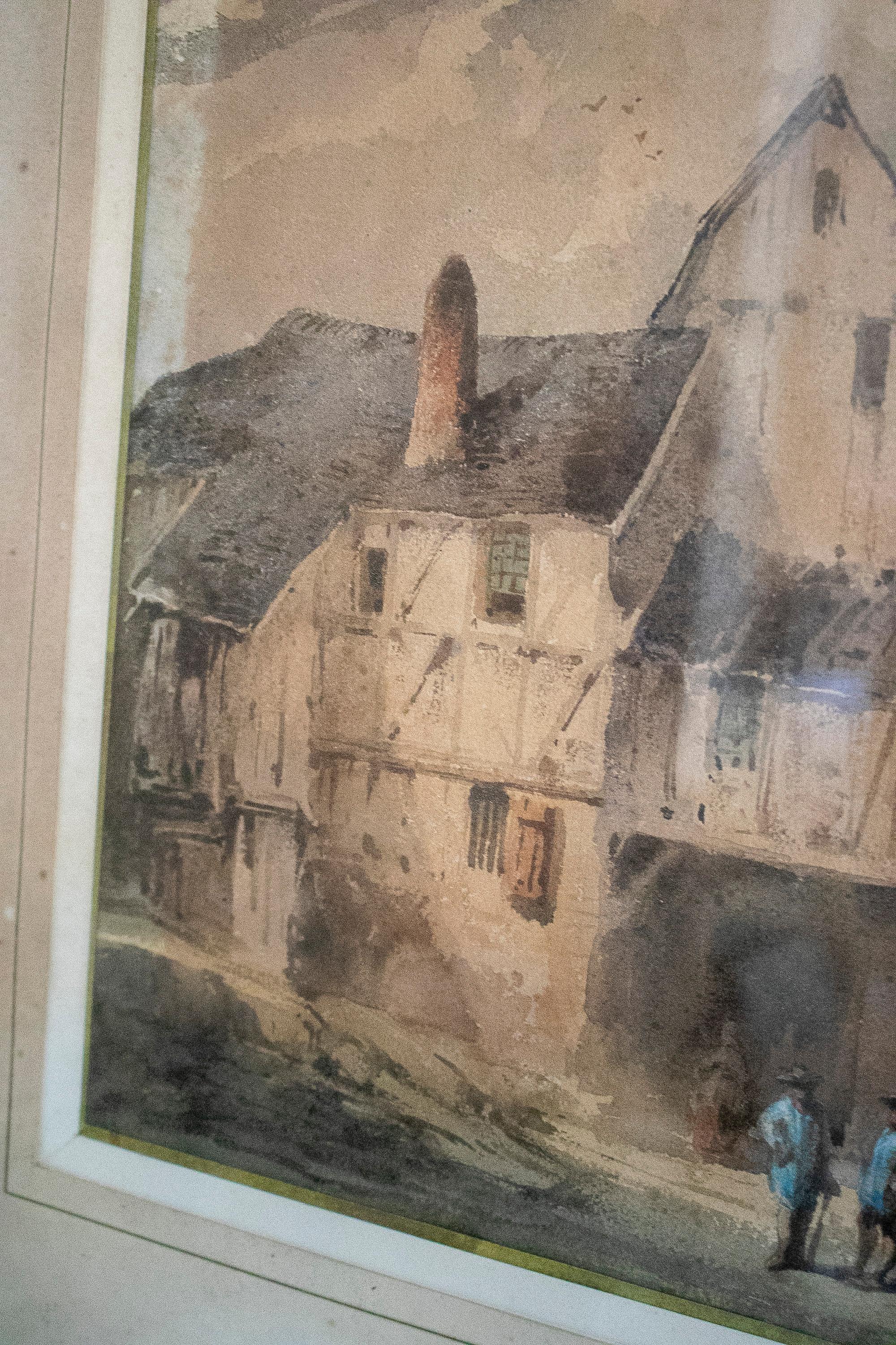 Antique mid-19th century Scandinavian town landscape watercolour 

Measures with frame: 52 x 43 x 1.5 cm.