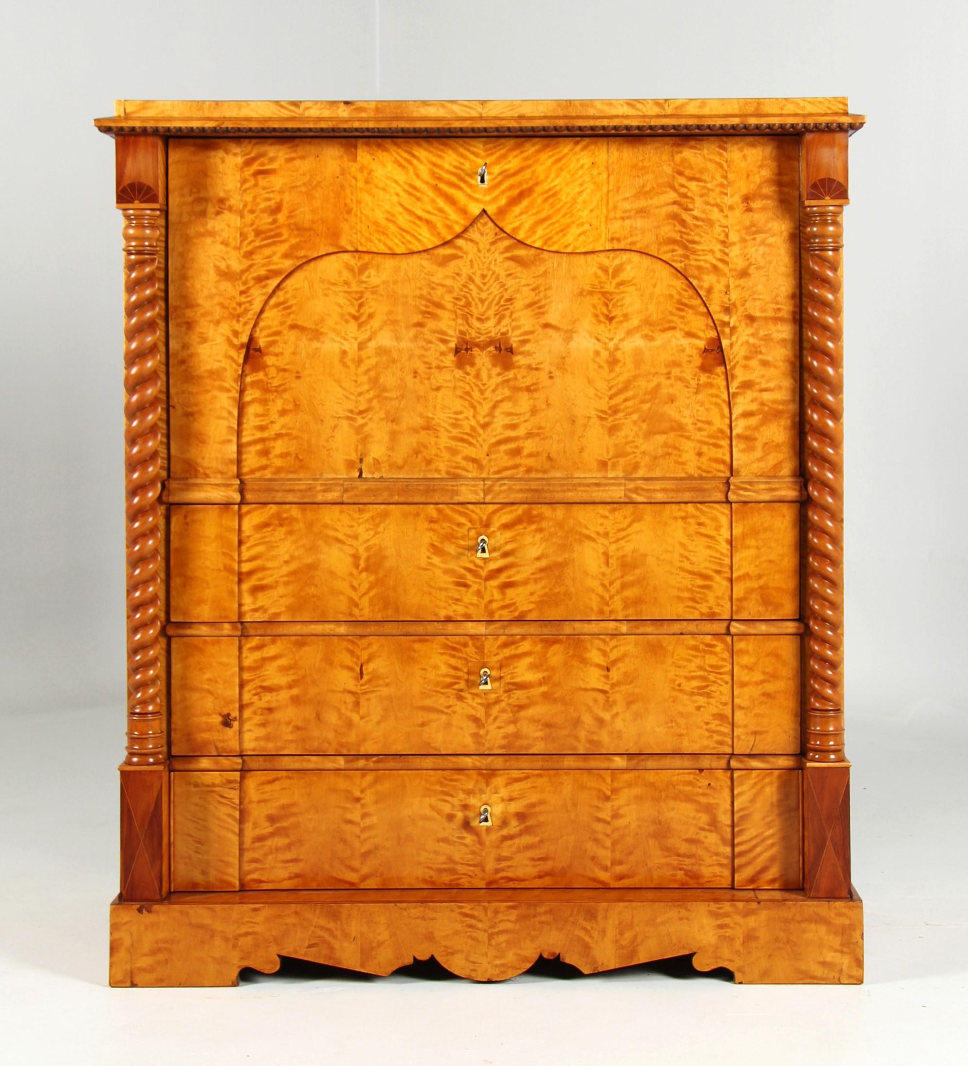 19th Century Secretary with Trick Lock and Secret Compartments

Sweden
Birch, mahogany
Historicism - dated 1857

Dimensions: H x W x D: 126 x 109 x 55 cm

Description:
Unusual piece of writing furniture from the mid-19th century with a particularly