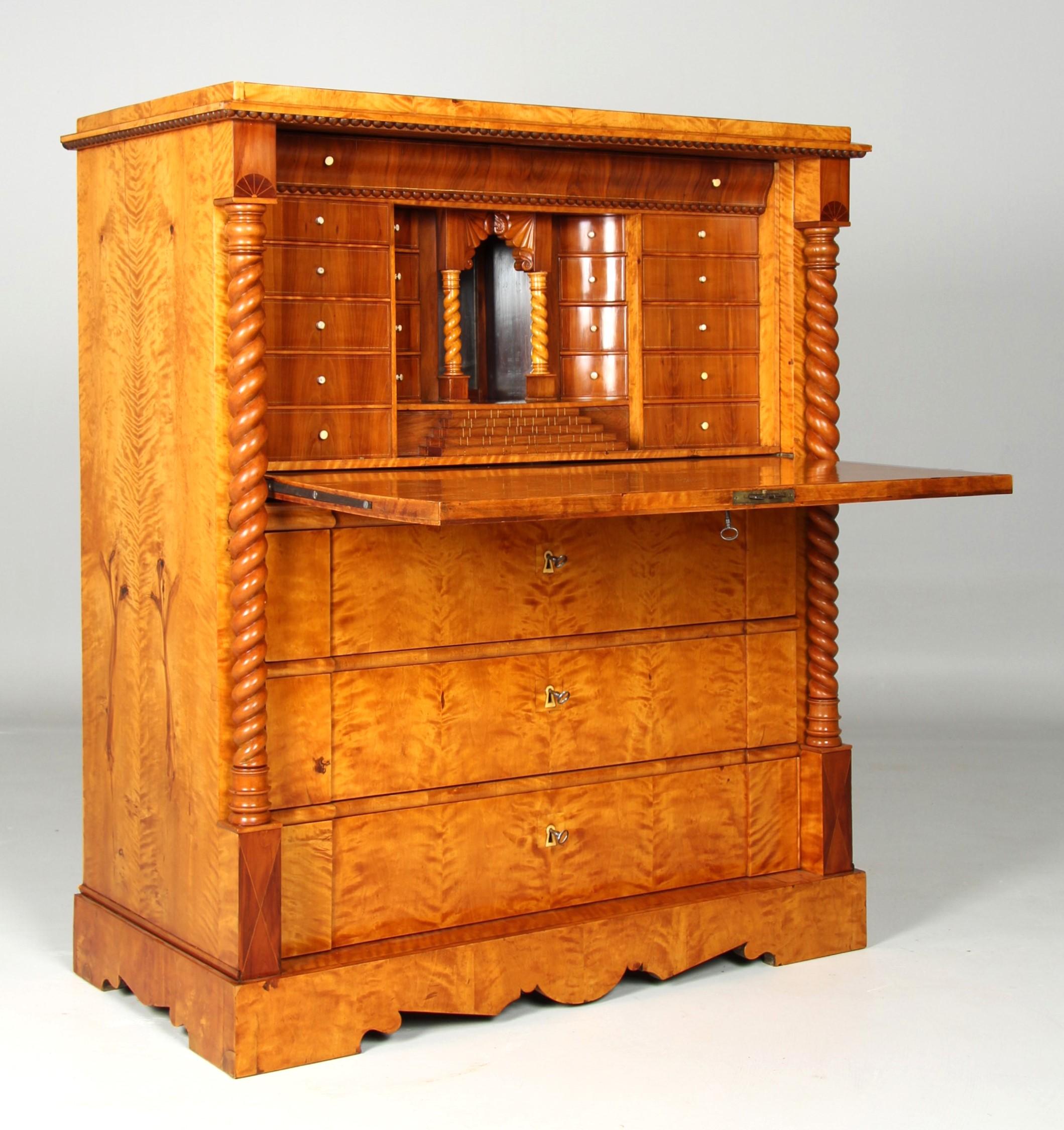 Birch Swedish Secretaire from 1857 with Trick Lock and Secret Compartements For Sale
