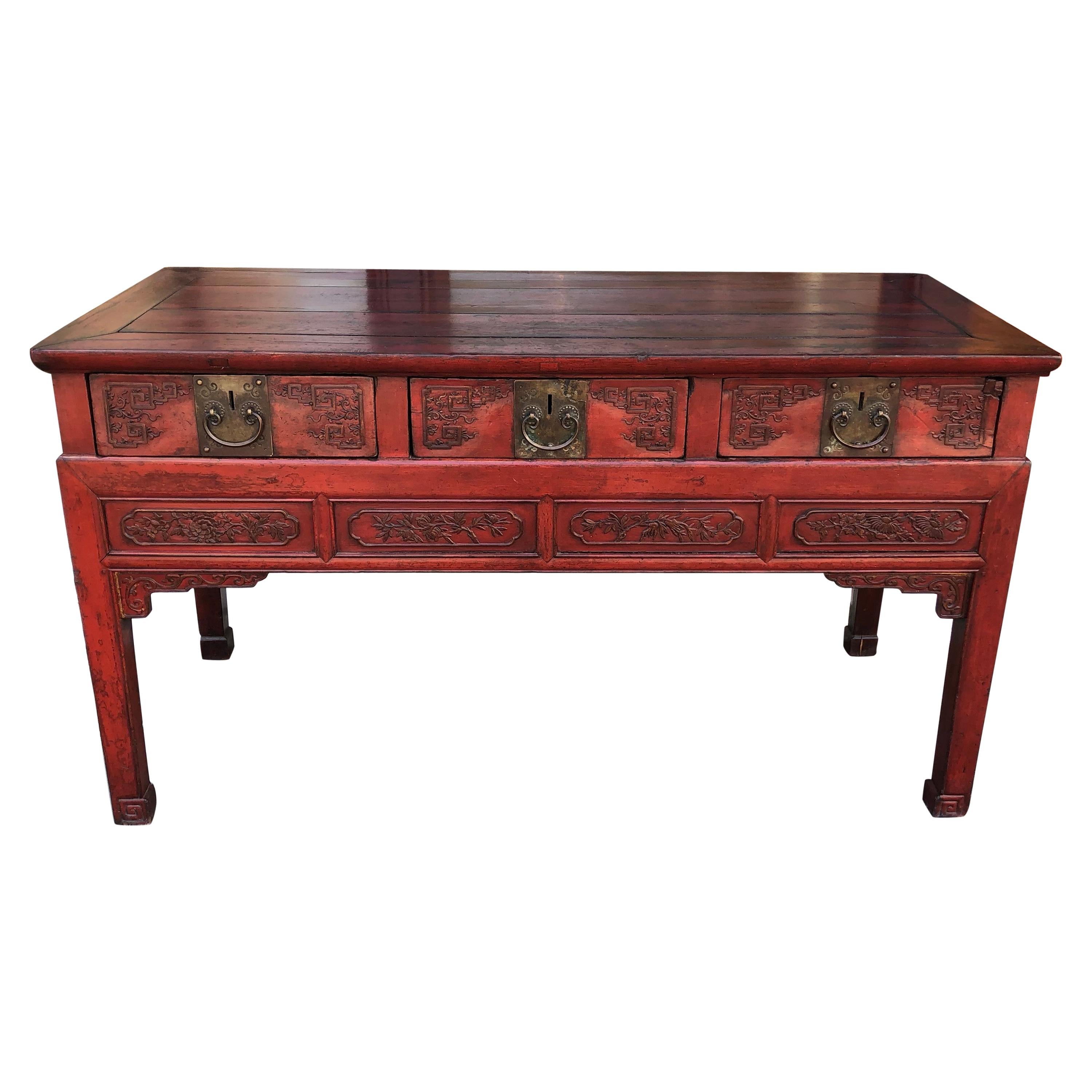 Mid-19th Century Server or Sideboard with 3 Drawers and Carved Details in Drawer