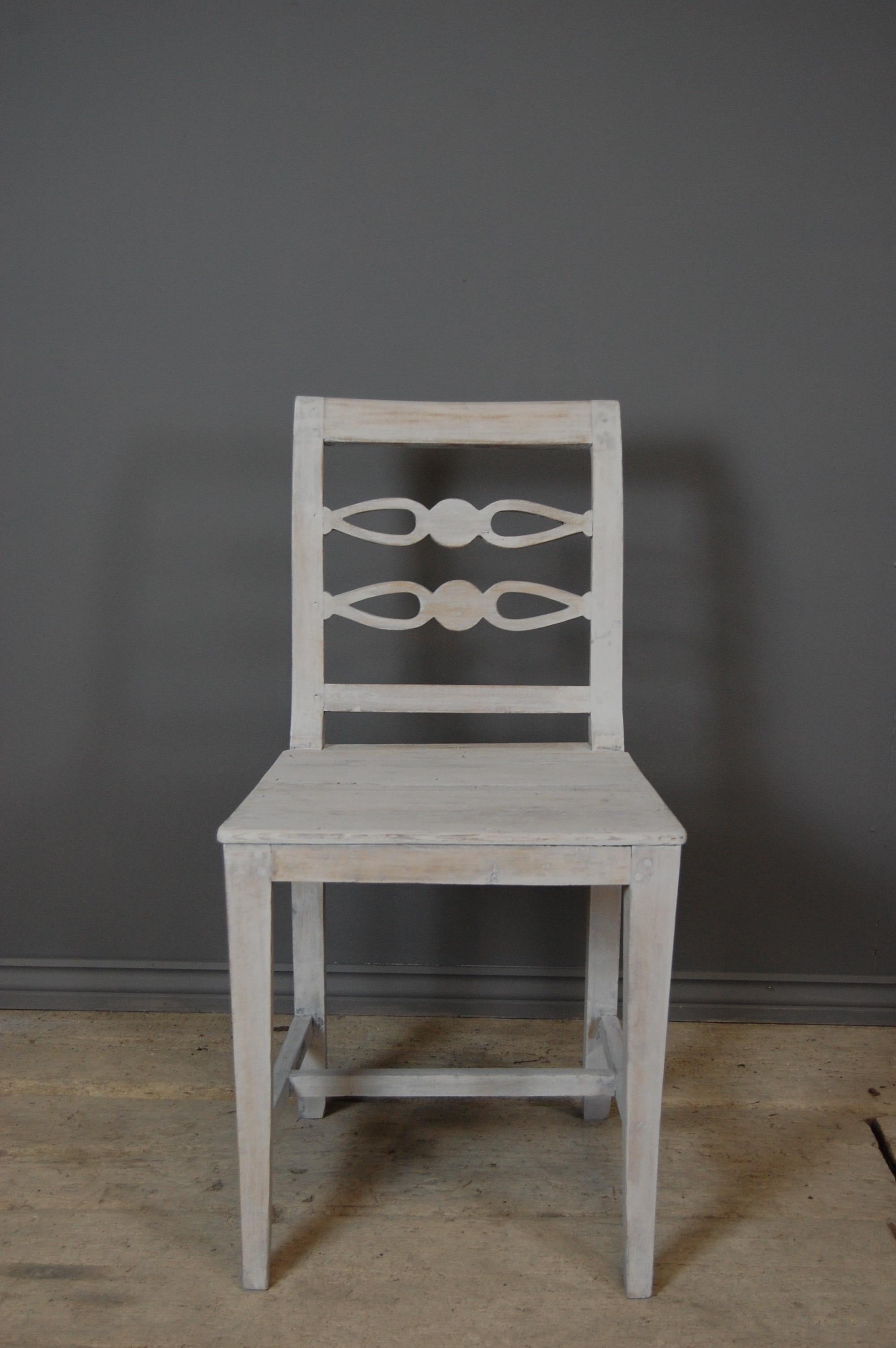 Set of 6 provincial Swedish dining chairs, from Varmland, Sweden. All handmade. Leading to slight variation in sizes, the have been dry scraped to remove a thick gloss paint, back to the original surface, which has been lightly washed to remove