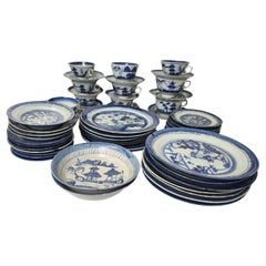 Mid 19th Century Set of Chinese Cantonese Blue & White Dinner/Lunch Set 71 pcs