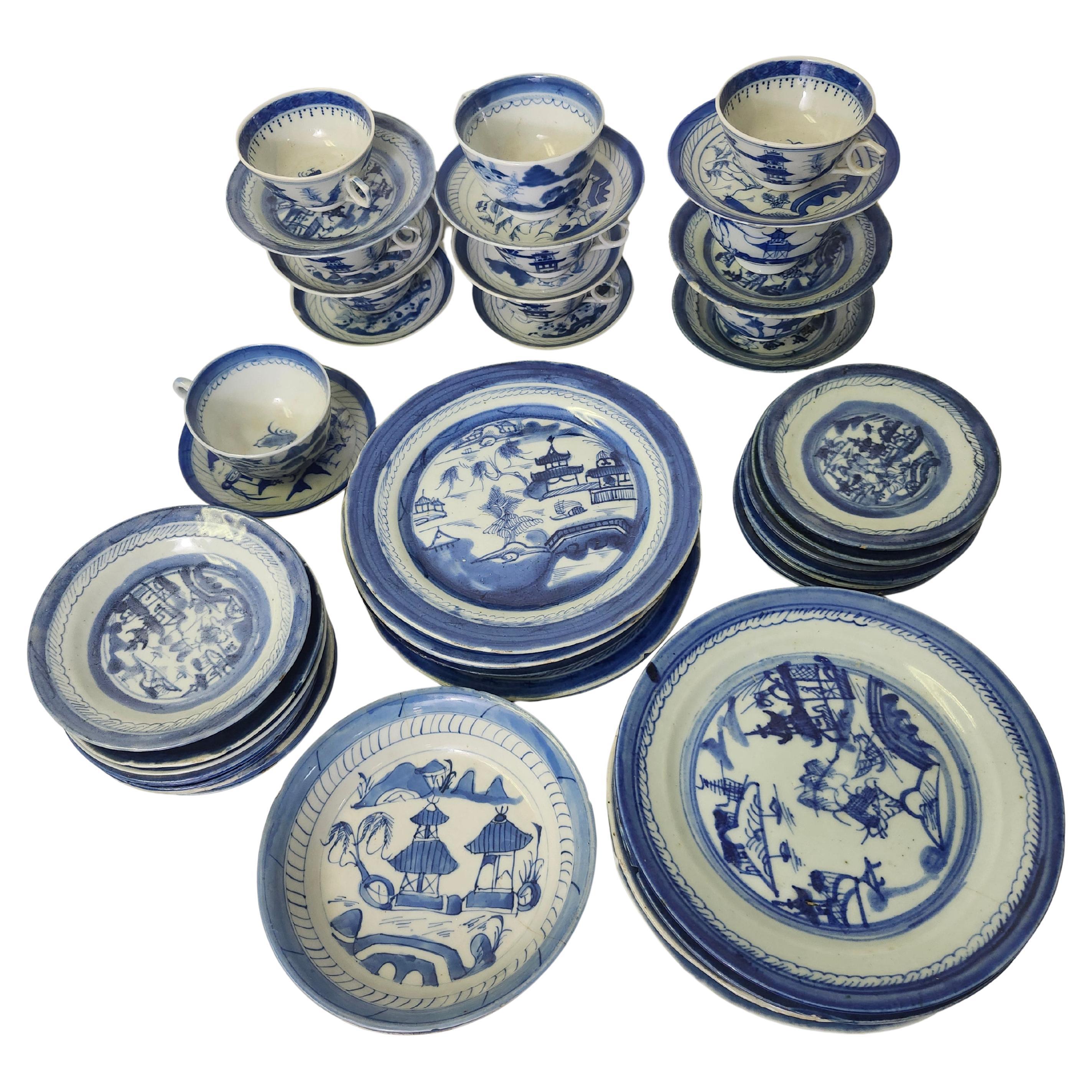 Mid 19th Century Set of Chinese Cantonese Blue 
White Dinner/Lunch Set 58 pcs