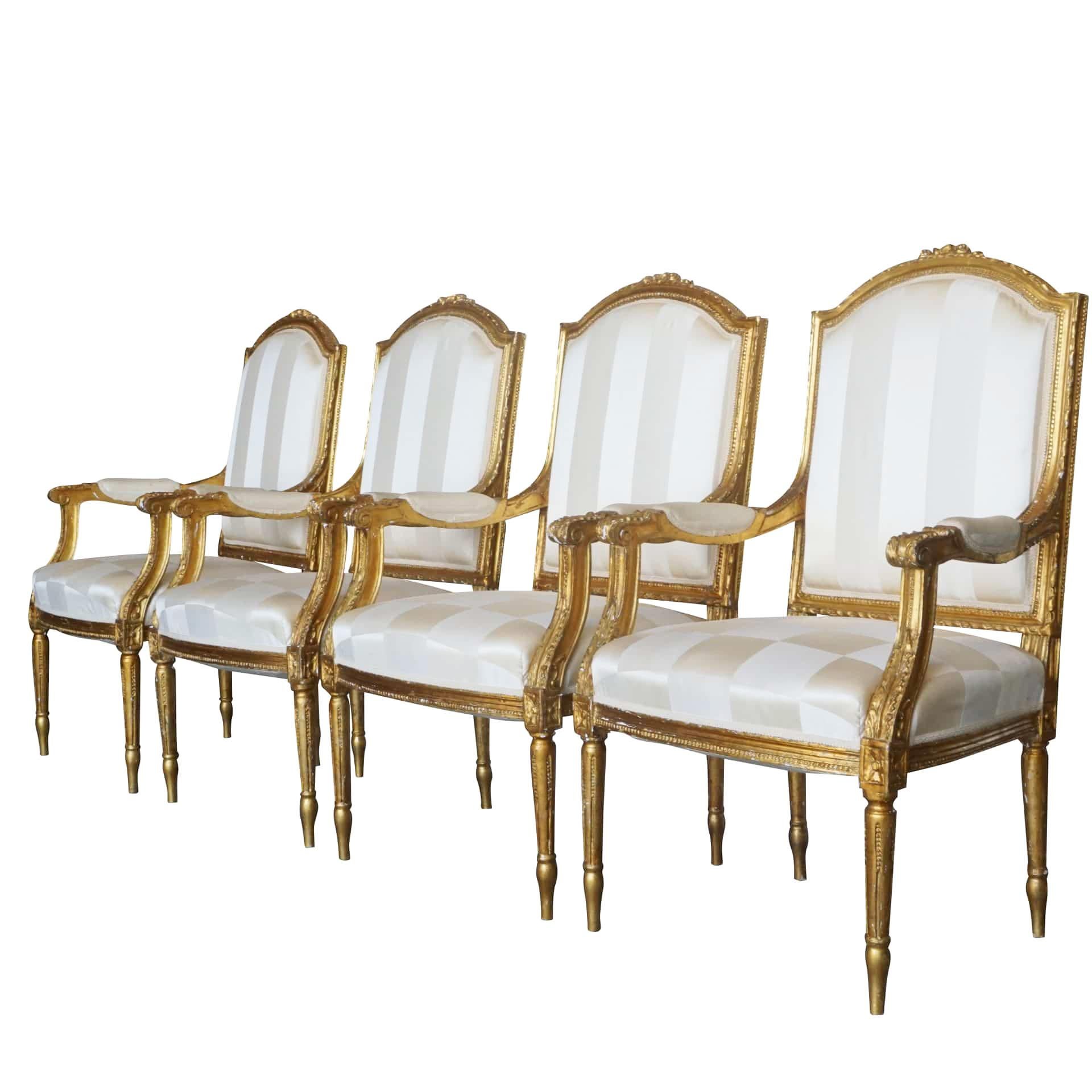 Louis XVI 19th Century Gold French Set of Four Antique Gilded Wood Armchairs For Sale