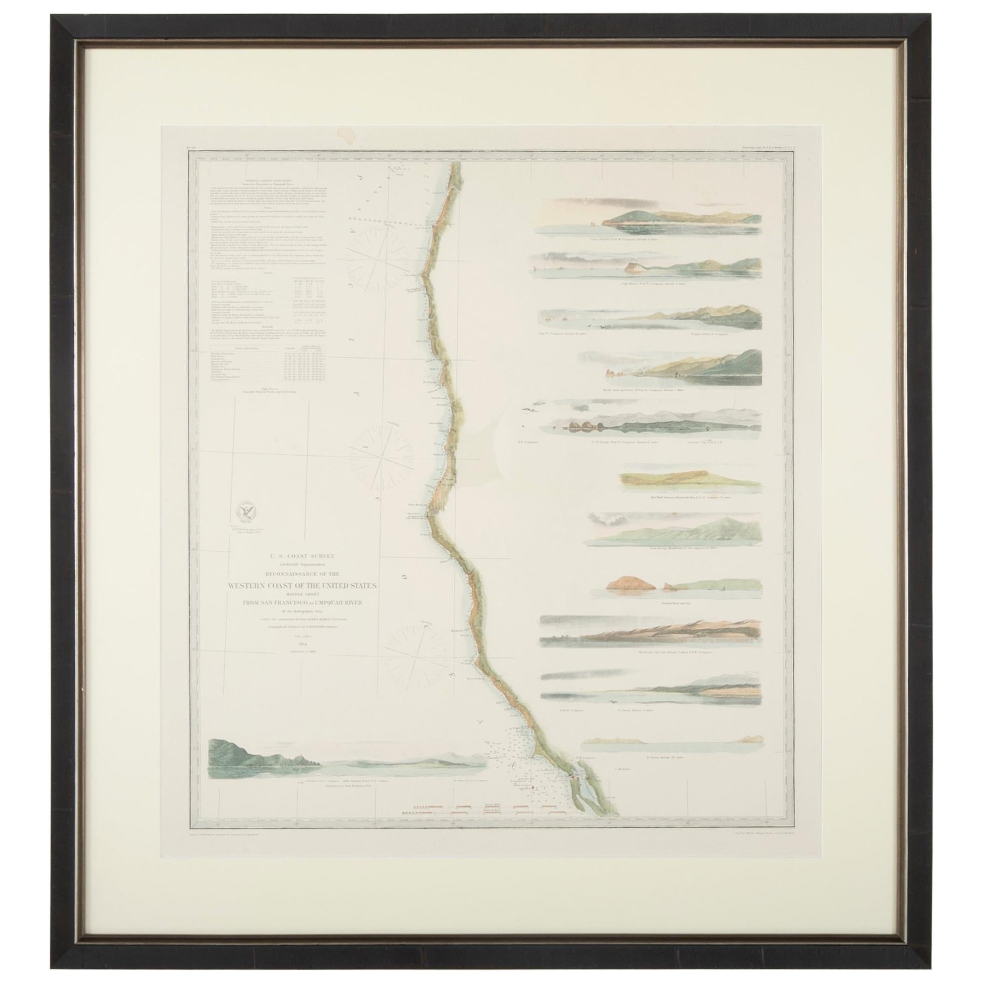 Set of three mid-19th century maritime charts of the west coast of the United States from the famous U.S. Coast Survey project. 

Included are San Diego to San Francisco, San Francisco to the Umpquah River (Oregon) and Umpquah River to the