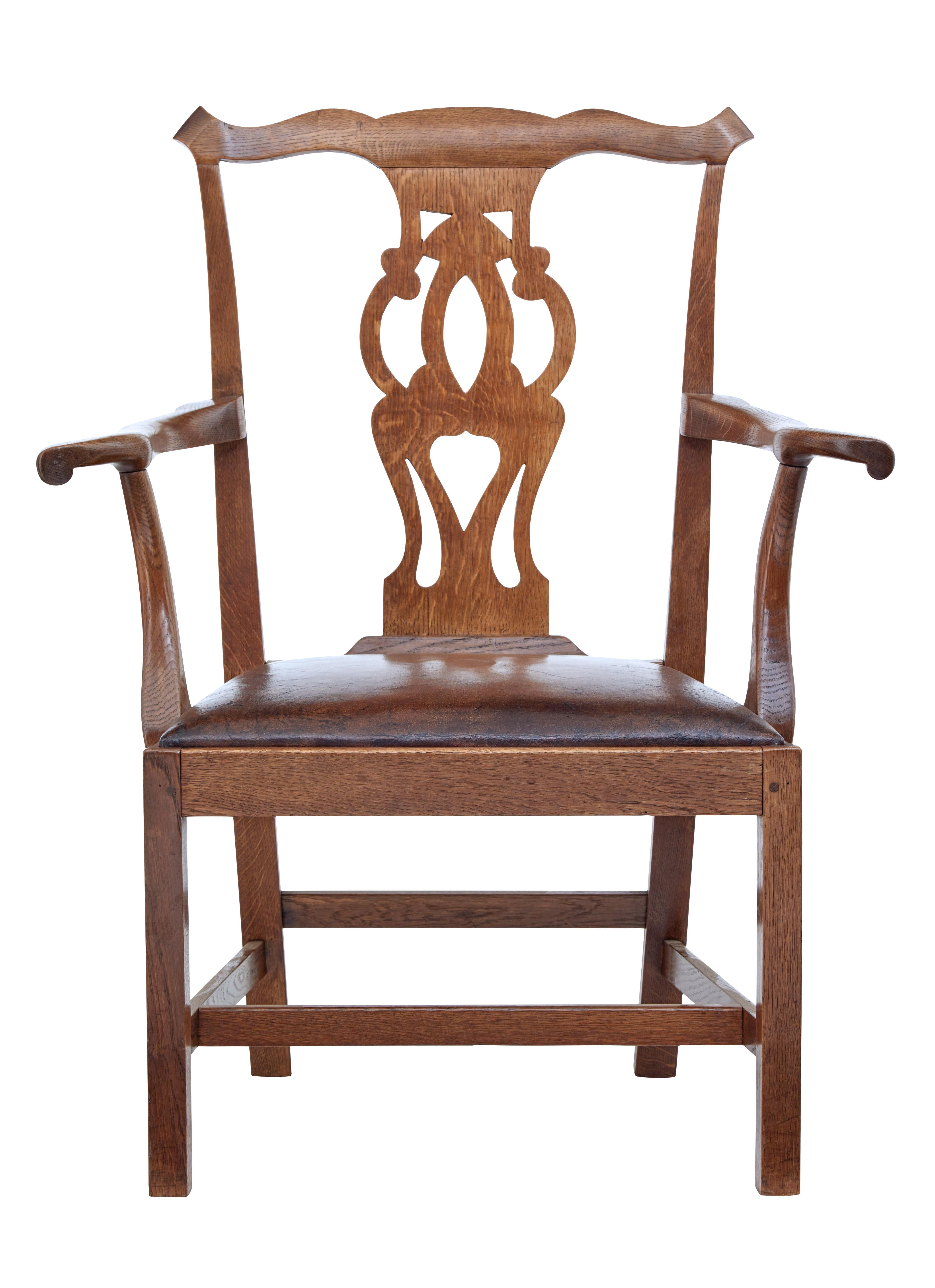Mid 19th century shepherds crook oak armchair circa 1840, made from solid oak.

Fantastic chair with the proportions that lends itself well to making it a desk chair.

Shaped back with fret work back rest. Real deep shepherds crook shaped arms,