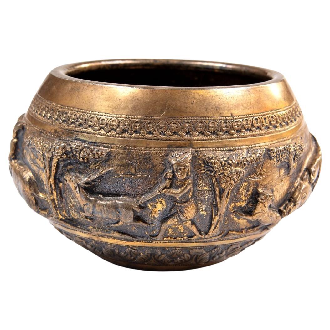 Mid-19th Century Siamese Brass Bowl with Hunting Scenes
