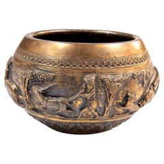 Mid-19th Century Siamese Brass Bowl with Hunting Scenes