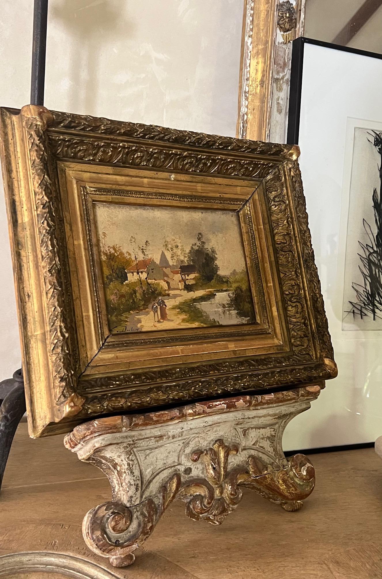 Provincial français Peinture à l'huile sur bois signée et encadrée du milieu du 19e siècle en vente