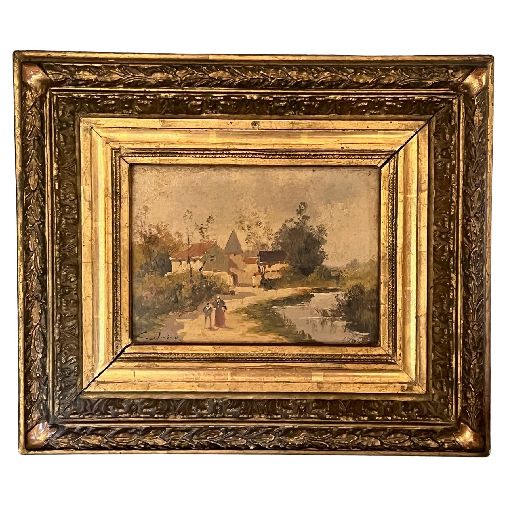 Peinture à l'huile sur bois signée et encadrée du milieu du 19e siècle