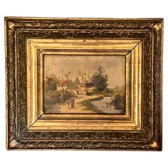 Pittura a olio su legno francese della metà del XIX secolo firmata e incorniciata