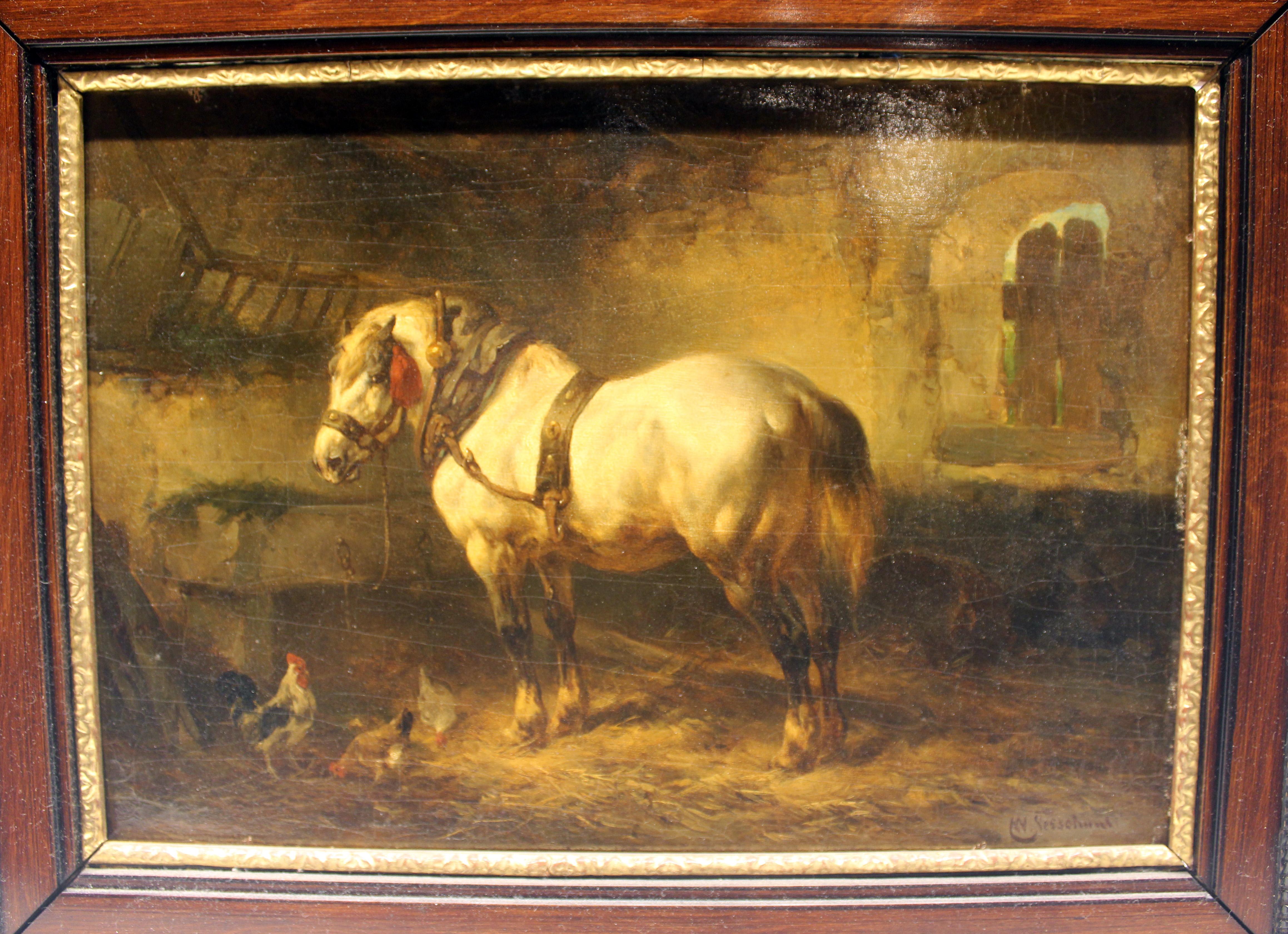 19th century Dutch painting by Wouterur Verschuur of Horse and Chickens in Barn.
This is done by the father not the son.