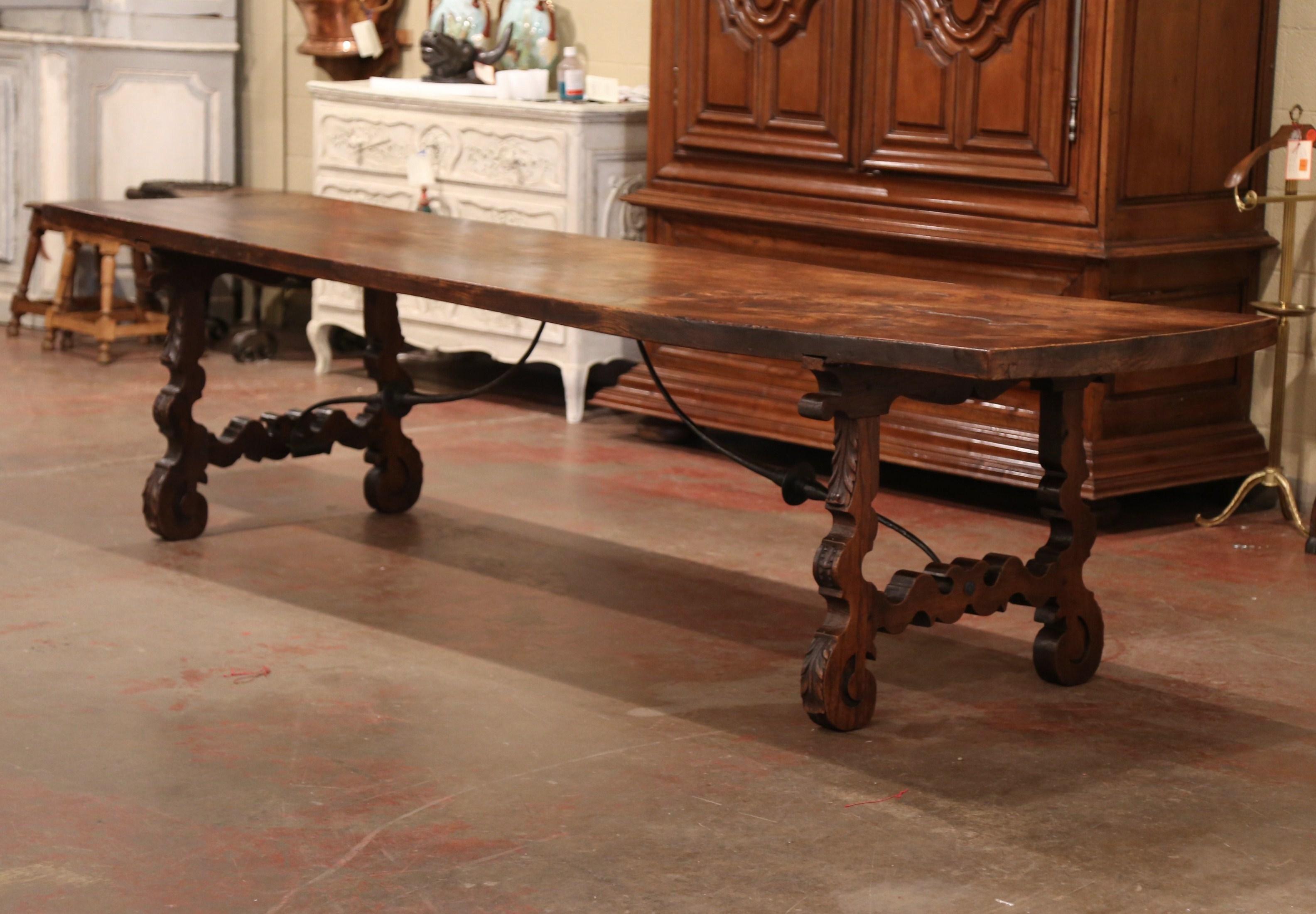 Mid-19th Century Spanish Carved Elm and Wrought Iron Dining Room Table In Excellent Condition In Dallas, TX