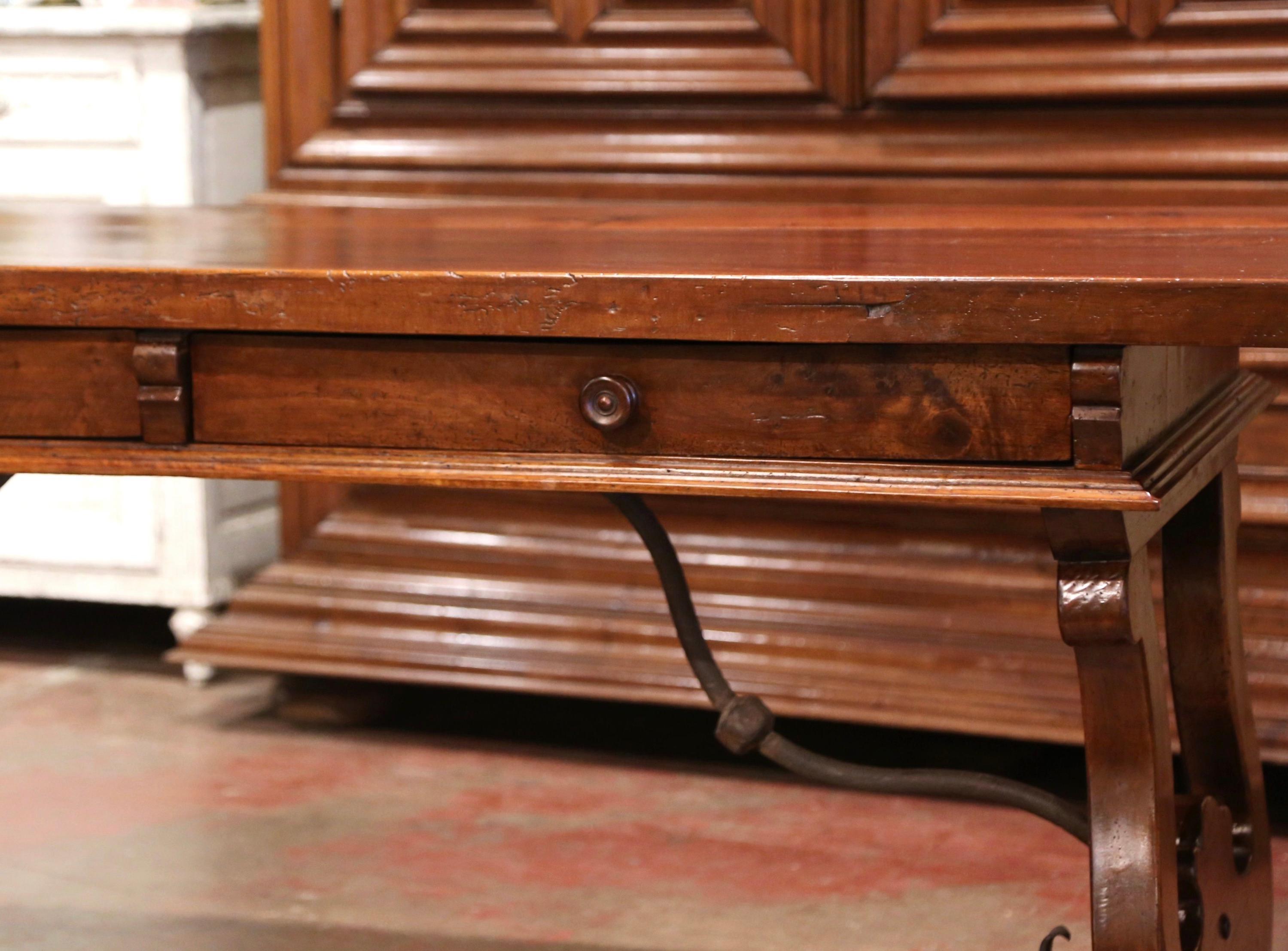 Louis XIII Mid-19th Century Spanish Carved Walnut and Iron Console Table Desk with Drawers