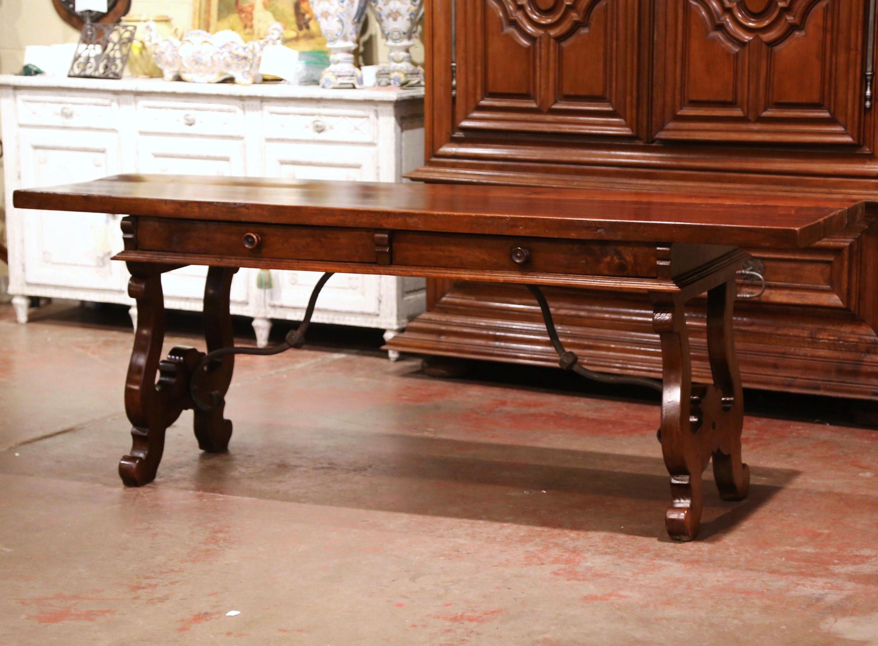 Patinated Mid-19th Century Spanish Carved Walnut and Iron Console Table Desk with Drawers