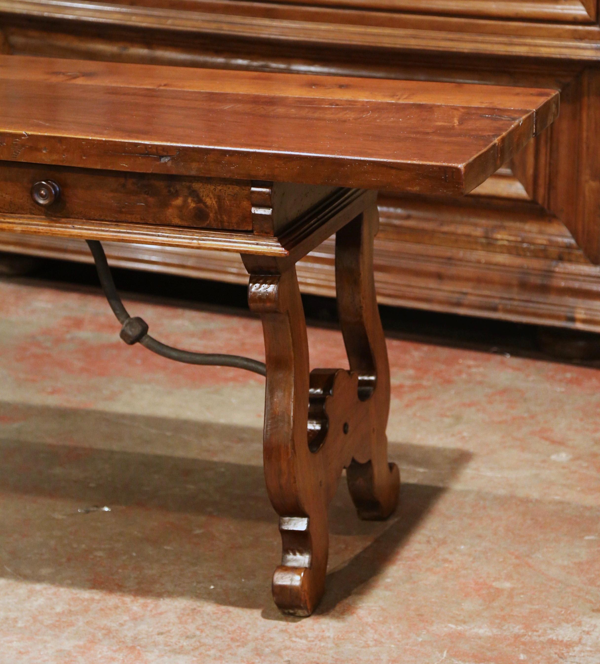 Mid-19th Century Spanish Carved Walnut and Iron Console Table Desk with Drawers In Excellent Condition In Dallas, TX