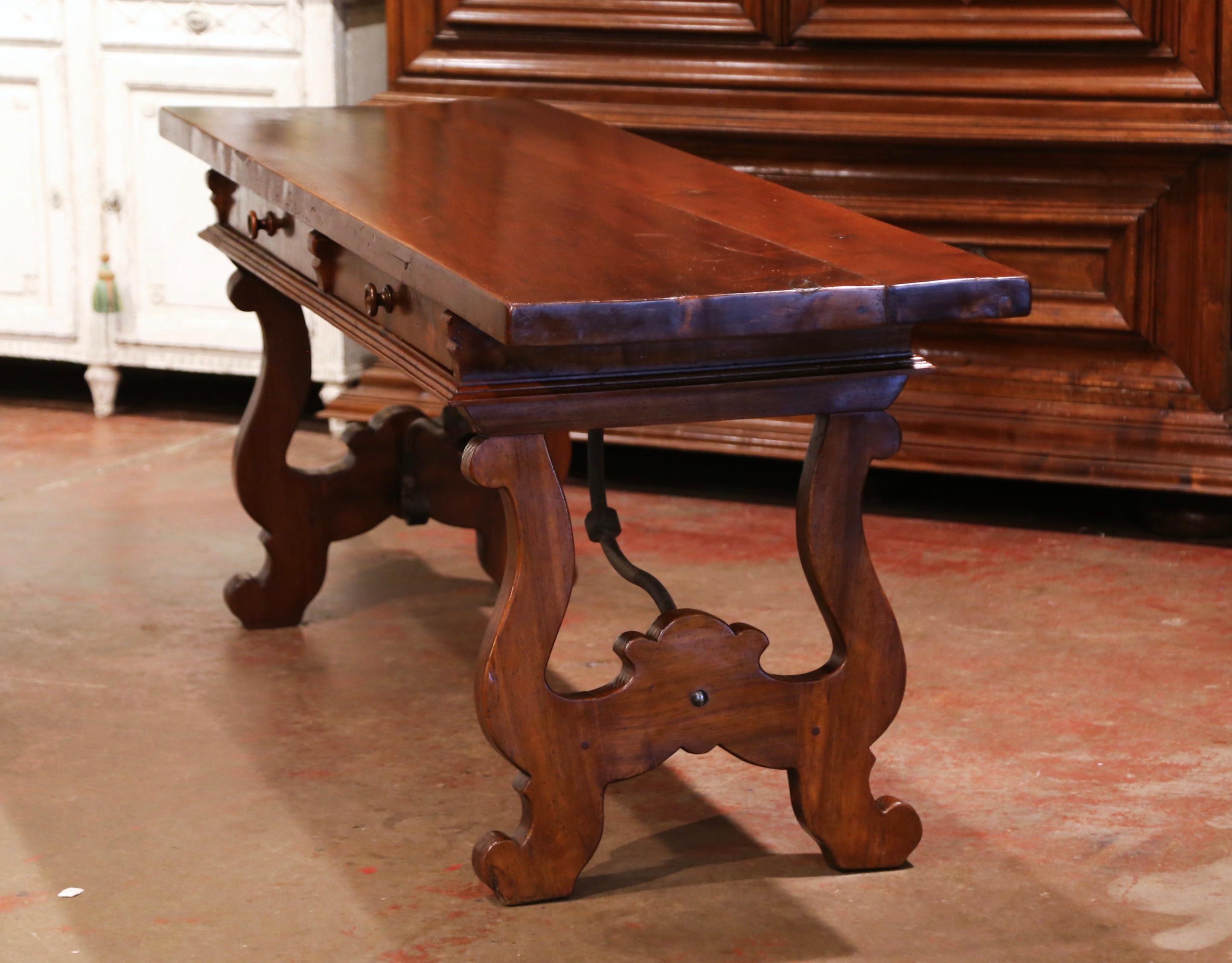 Wrought Iron Mid-19th Century Spanish Carved Walnut and Iron Console Table Desk with Drawers