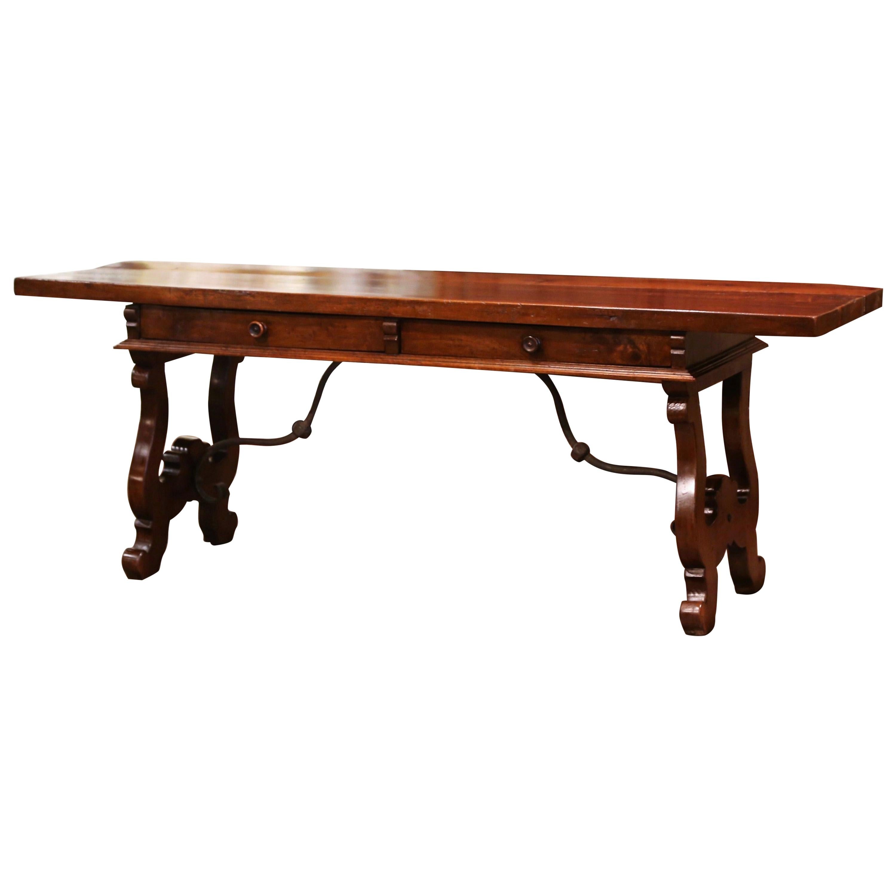 Mid-19th Century Spanish Carved Walnut and Iron Console Table Desk with Drawers