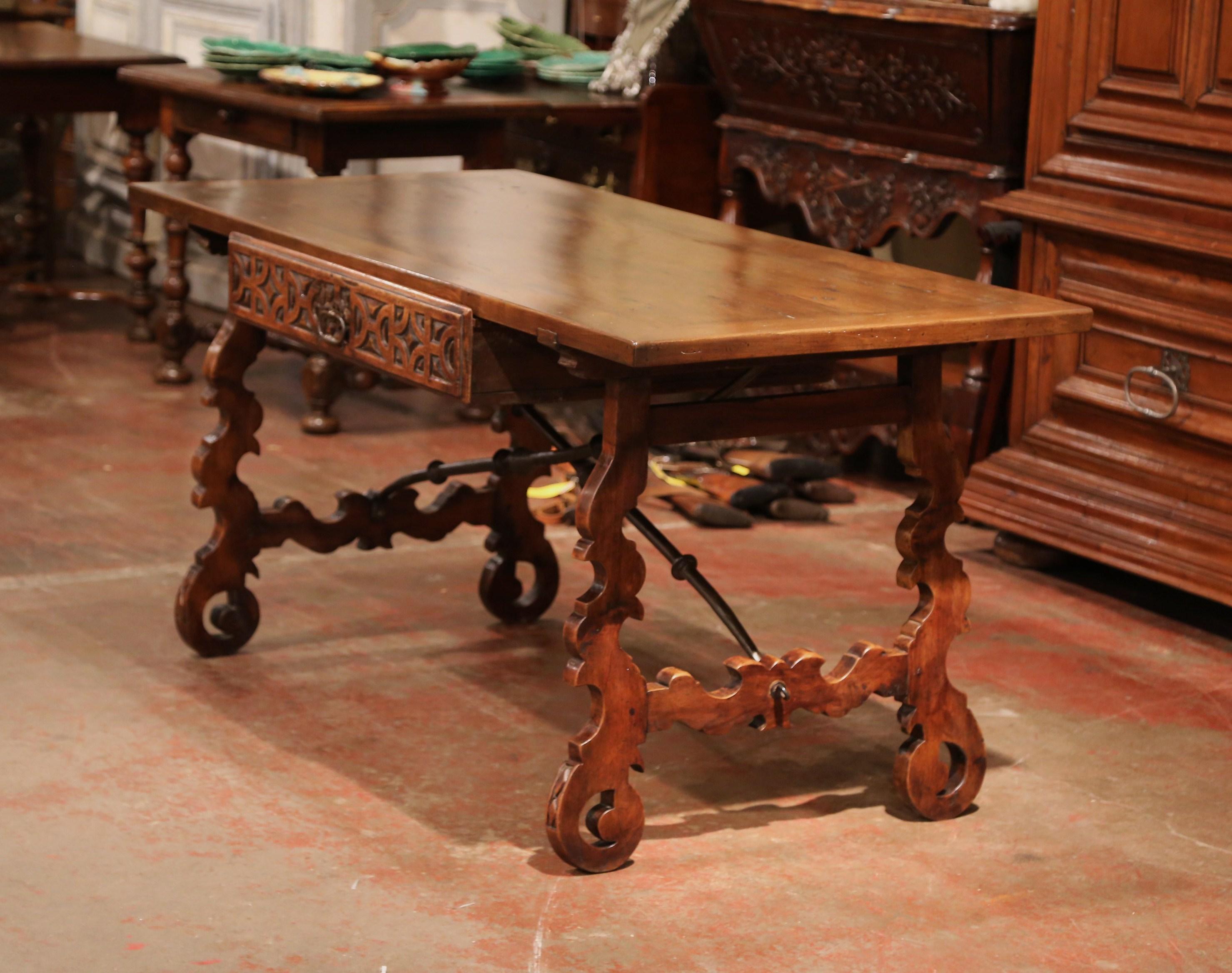 Mid-19th Century Spanish Carved Walnut Writing Table Desk with Centre Drawer 5