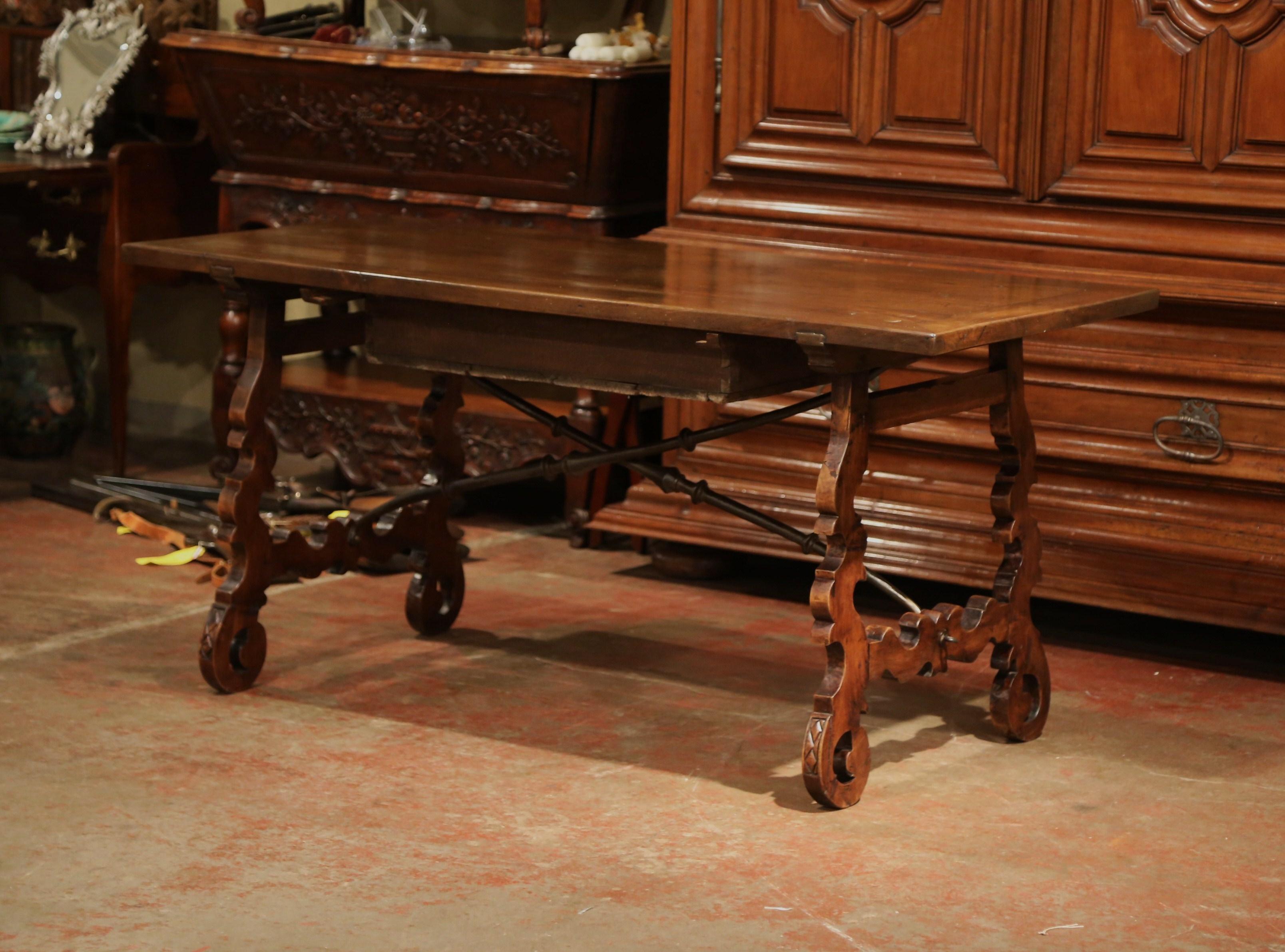 Mid-19th Century Spanish Carved Walnut Writing Table Desk with Centre Drawer 9