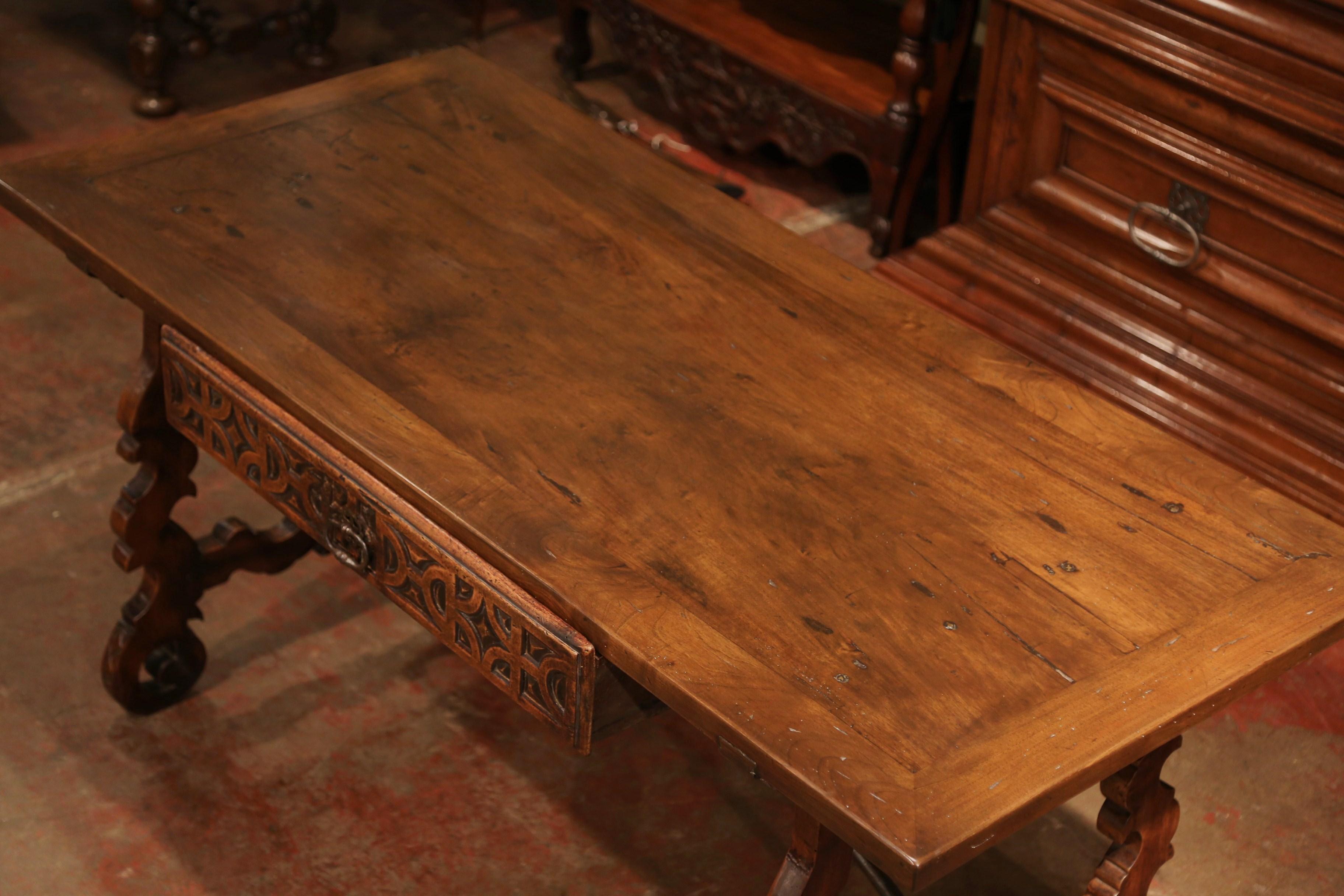 Louis XIII Mid-19th Century Spanish Carved Walnut Writing Table Desk with Centre Drawer