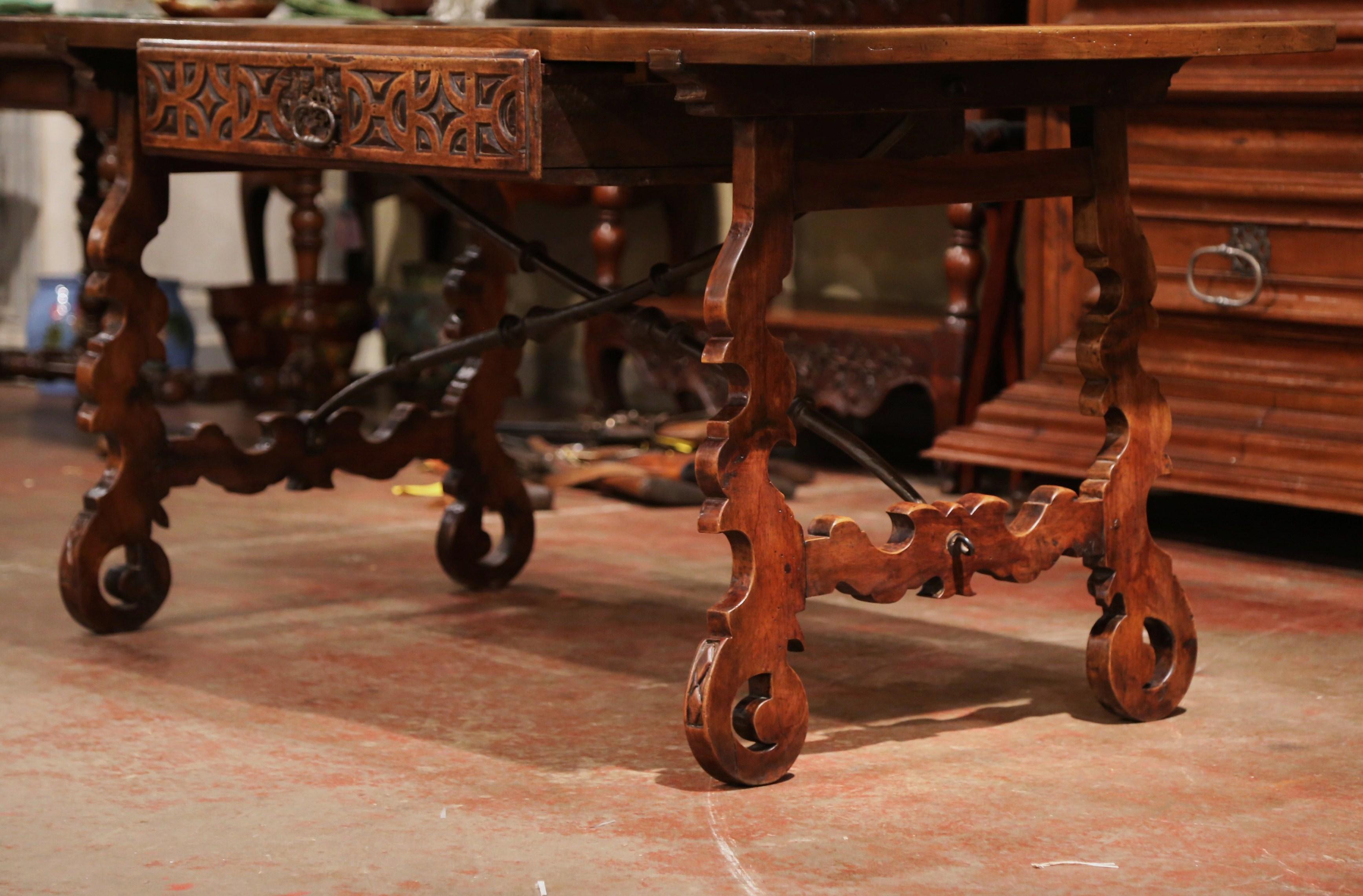 Hand-Carved Mid-19th Century Spanish Carved Walnut Writing Table Desk with Centre Drawer