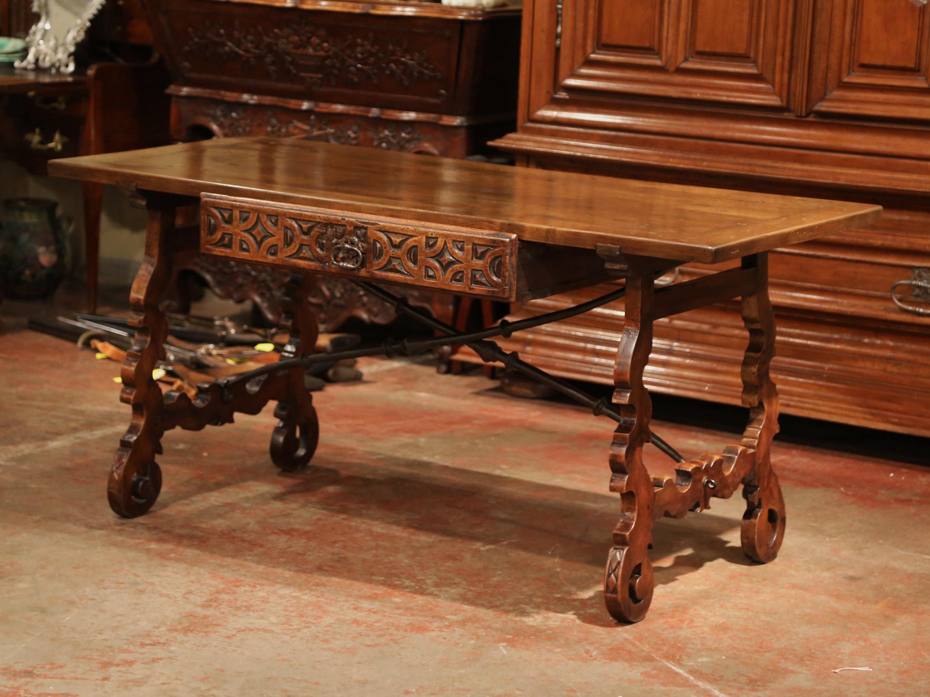 Wrought Iron Mid-19th Century Spanish Carved Walnut Writing Table Desk with Centre Drawer