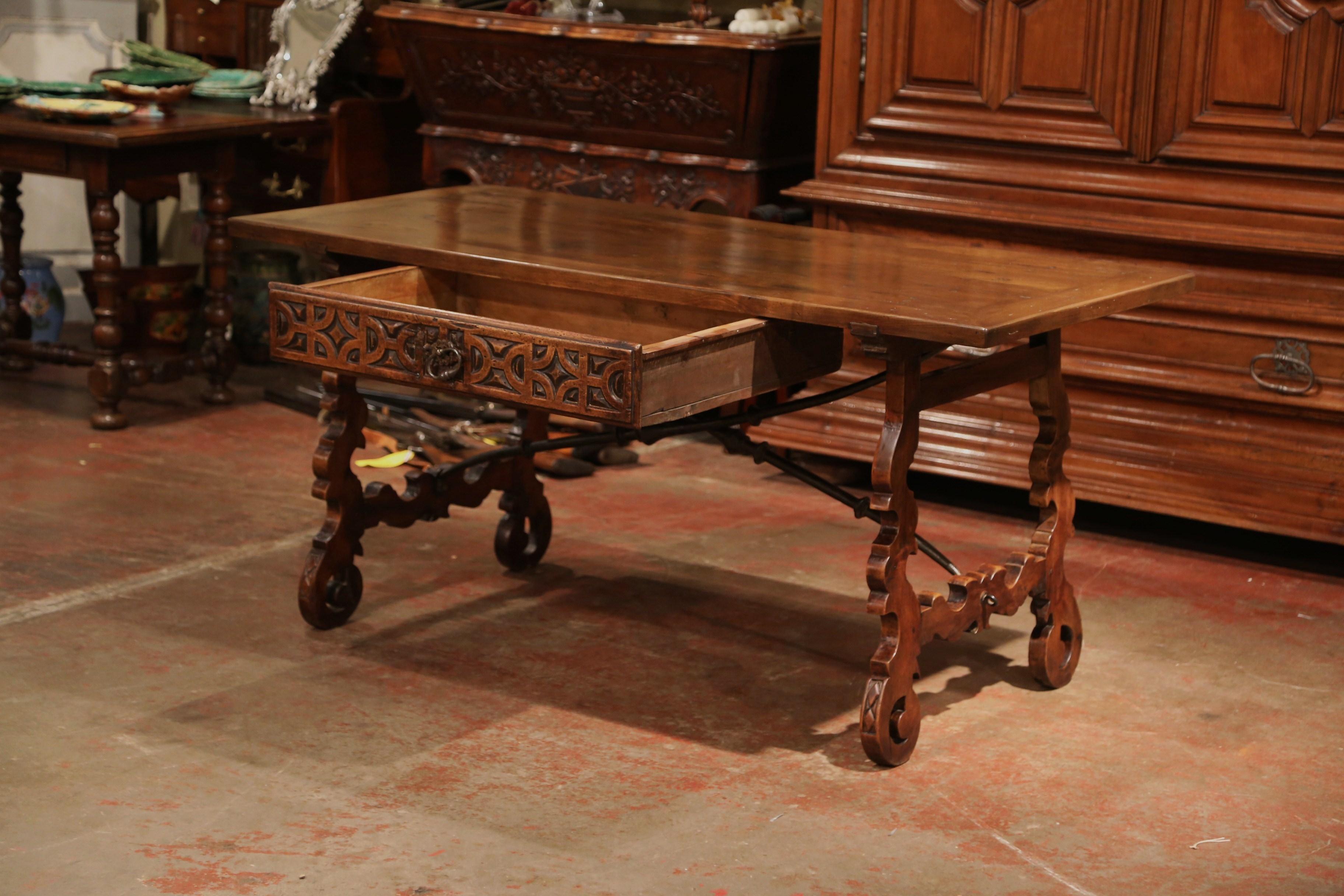Mid-19th Century Spanish Carved Walnut Writing Table Desk with Centre Drawer 2