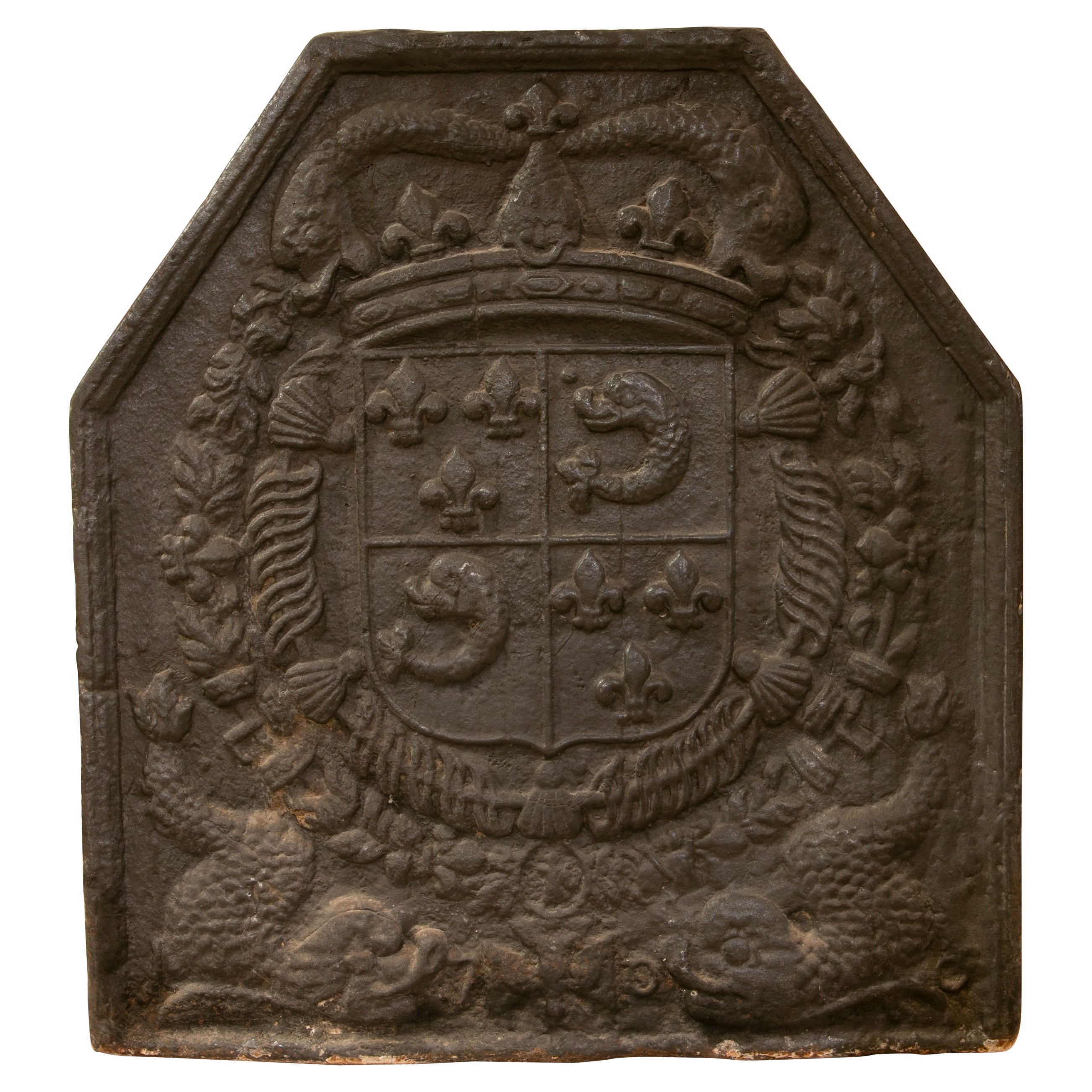 Mid-19th Century Spanish Cast Iron Fireback w/ Relief Heraldry Coat of Arms